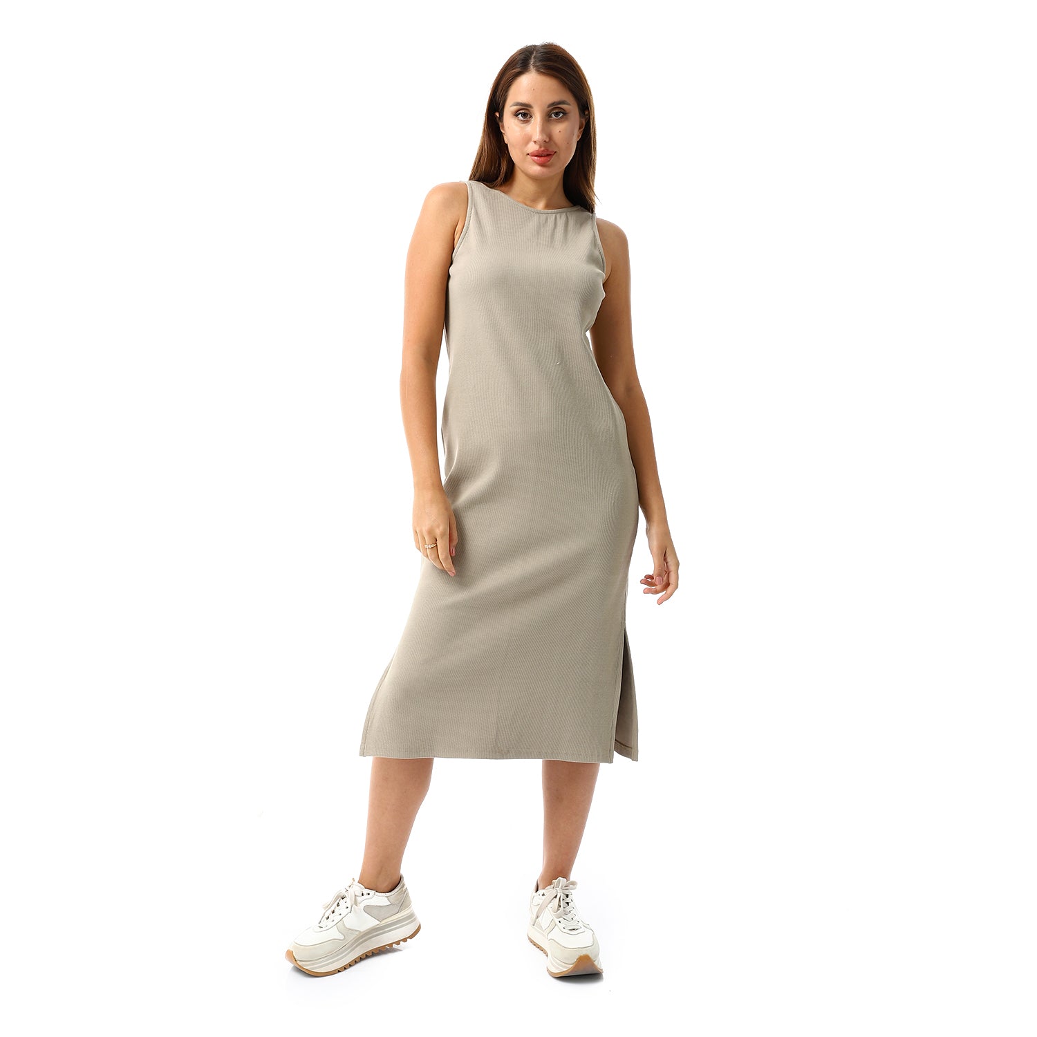 Beige sleeveless Rib Dress