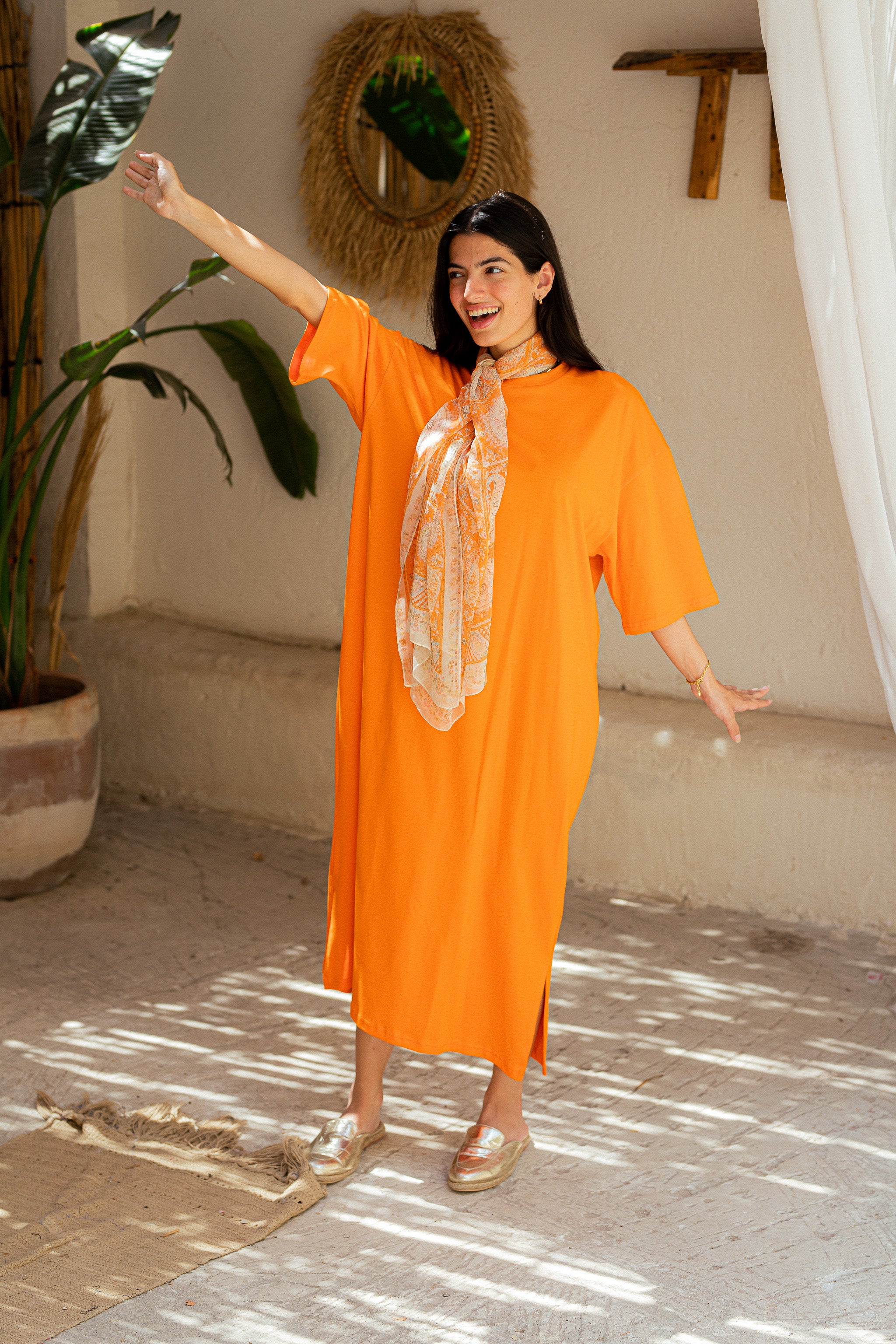 Orange Oversized short sleeves shirt dress