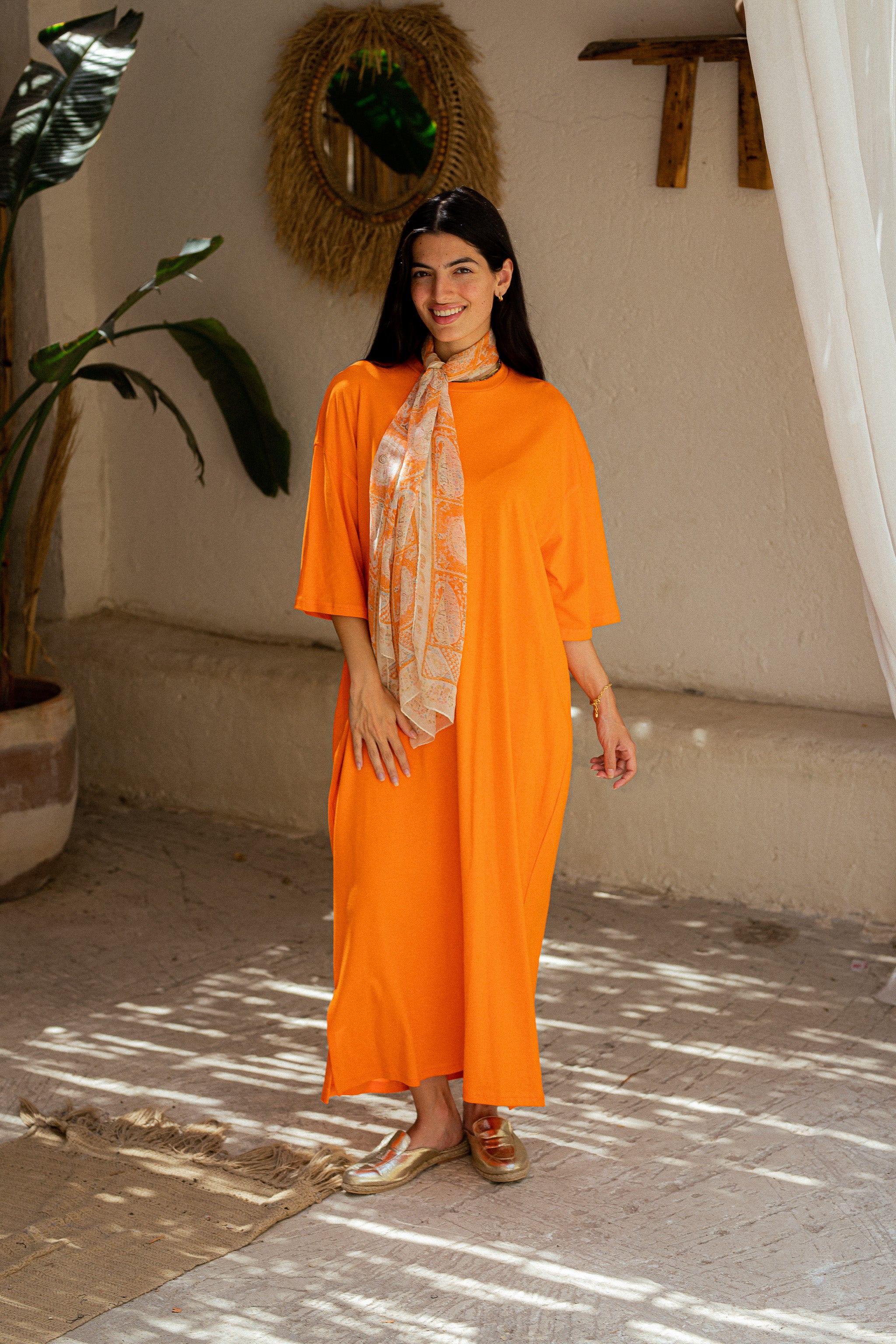 Orange Oversized short sleeves shirt dress