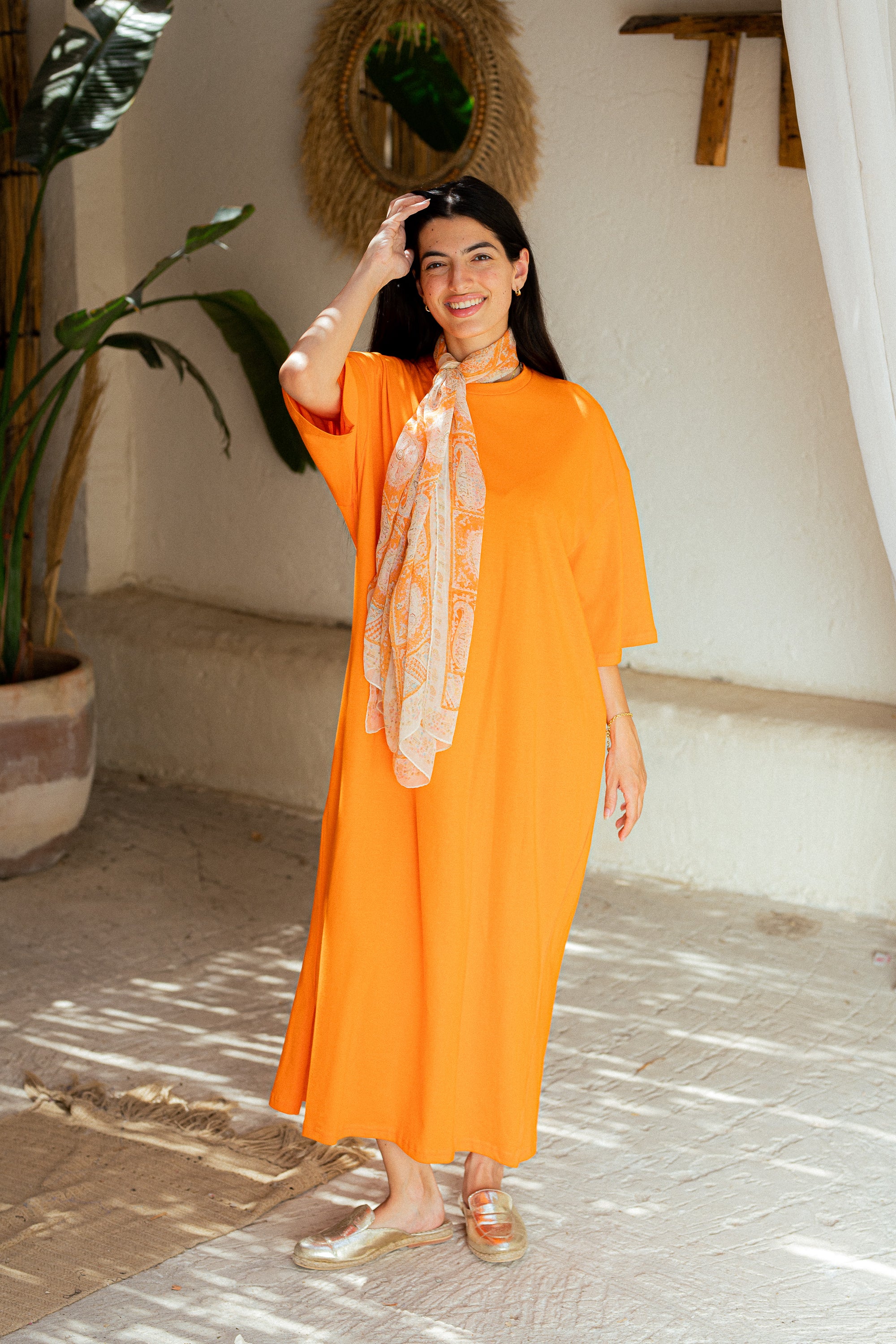 Orange Oversized short sleeves shirt dress