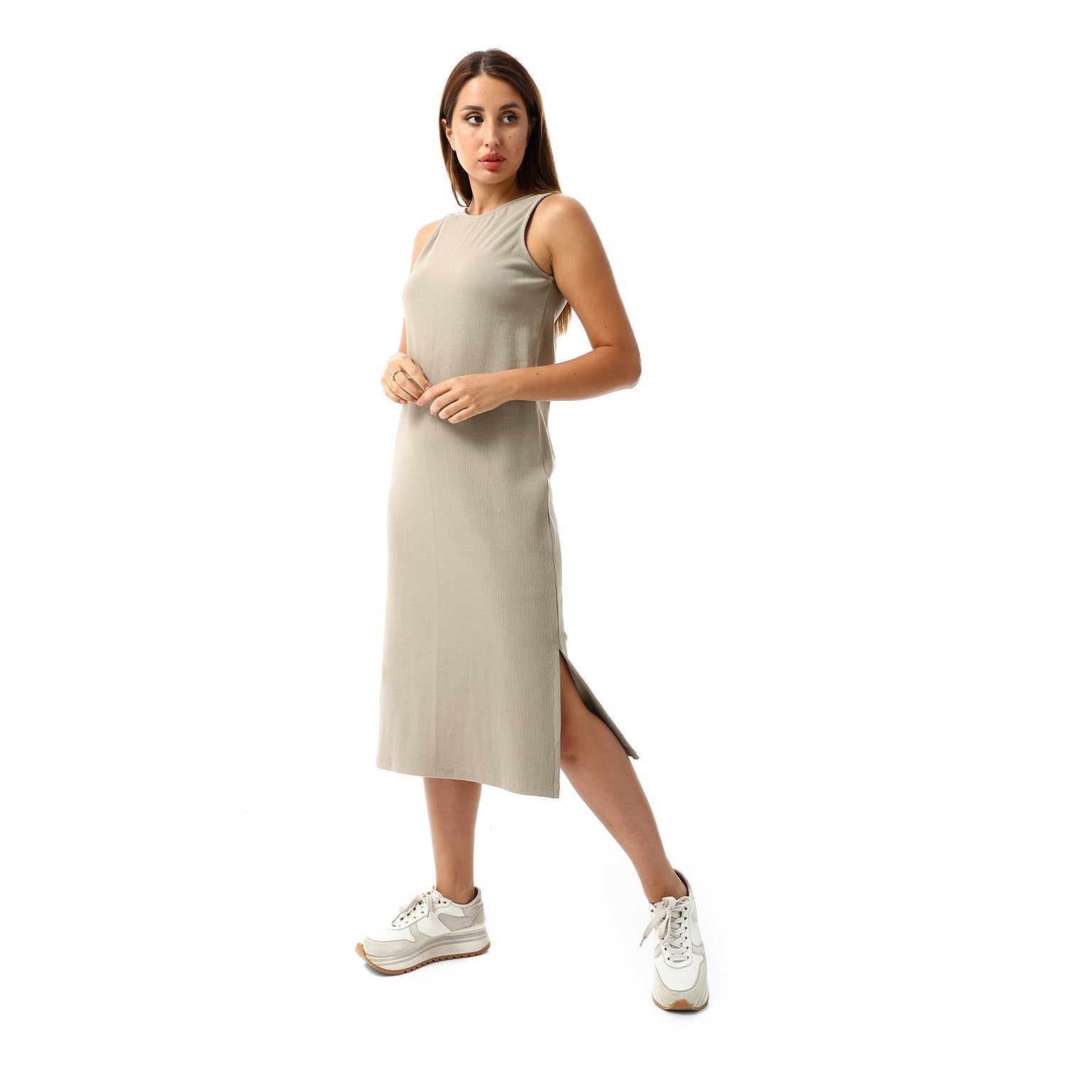 Beige sleeveless Rib Dress