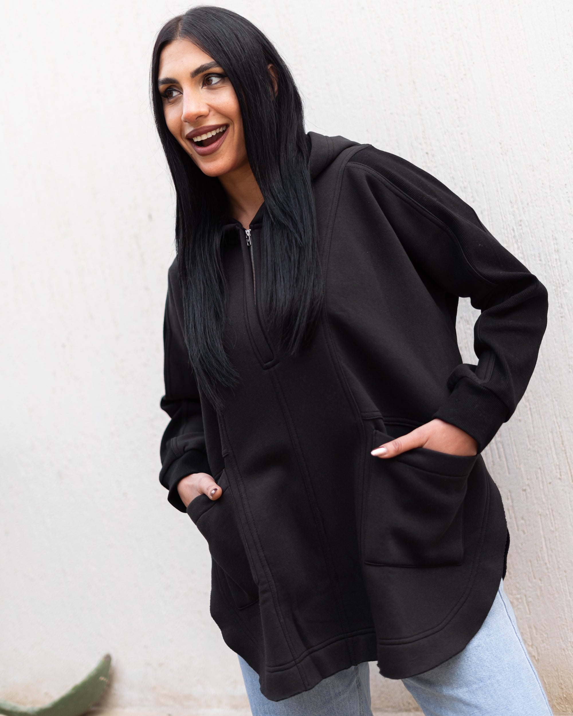 Beige Rib sleeved hoodie