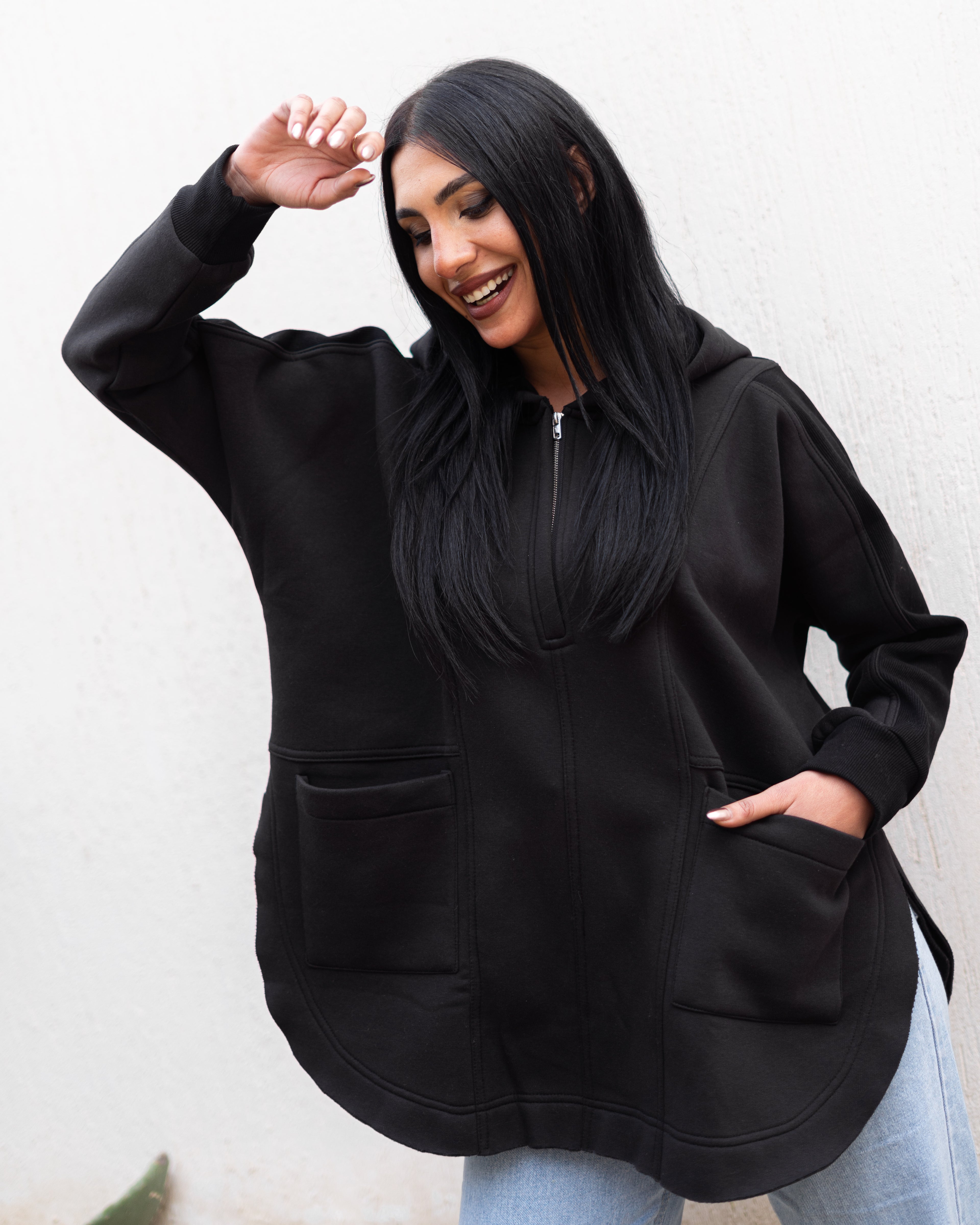 Beige Rib sleeved hoodie