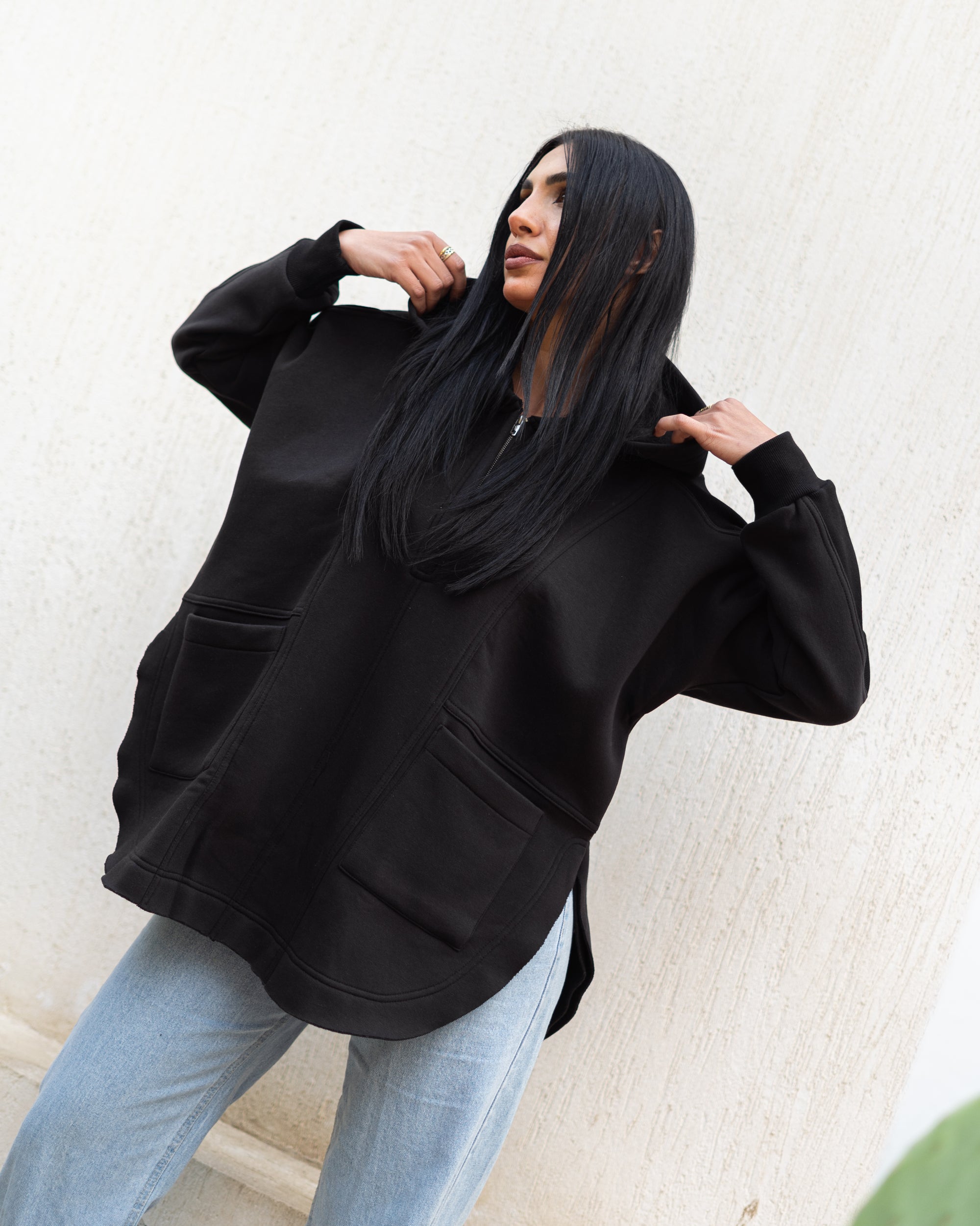 Beige Rib sleeved hoodie