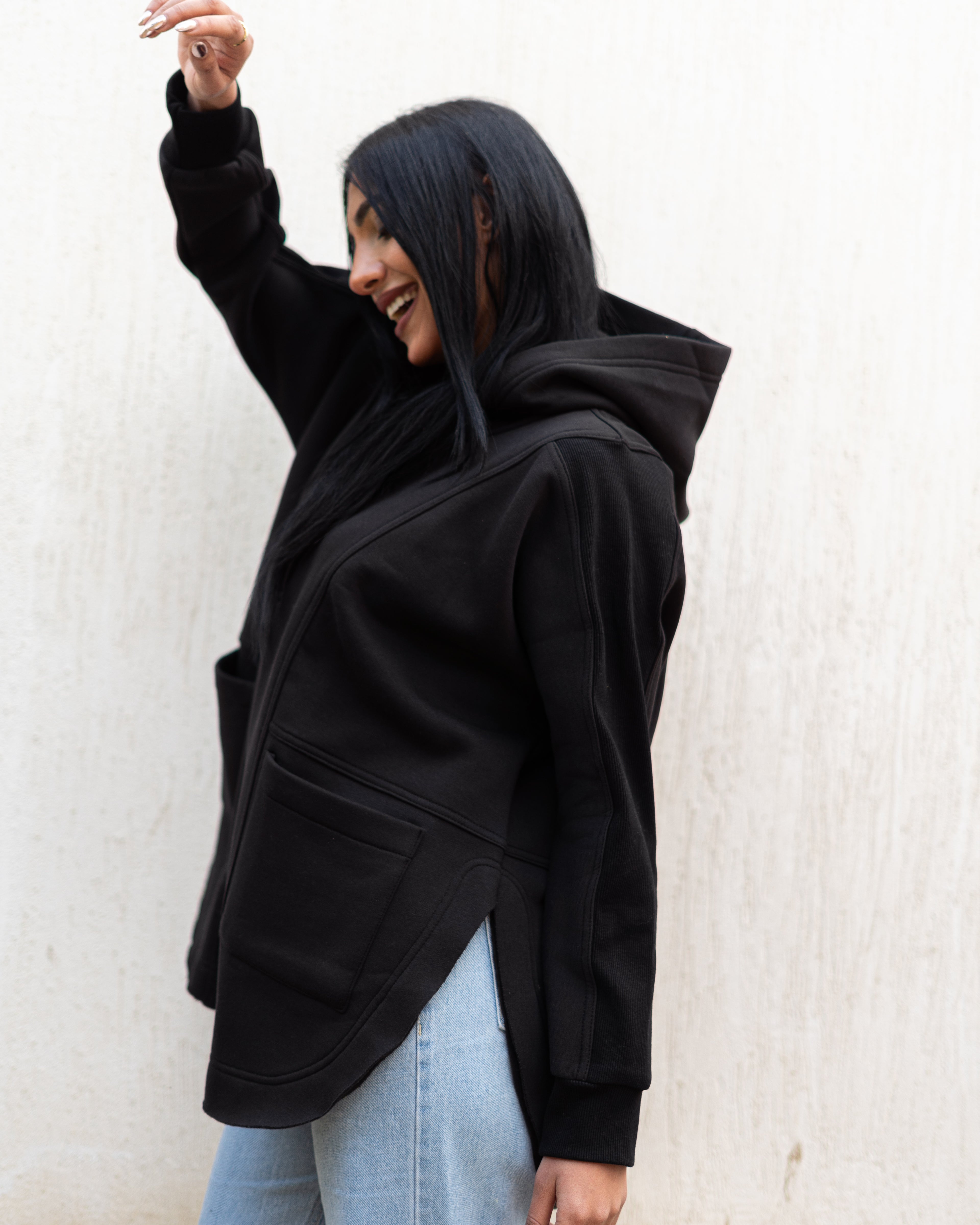 Beige Rib sleeved hoodie