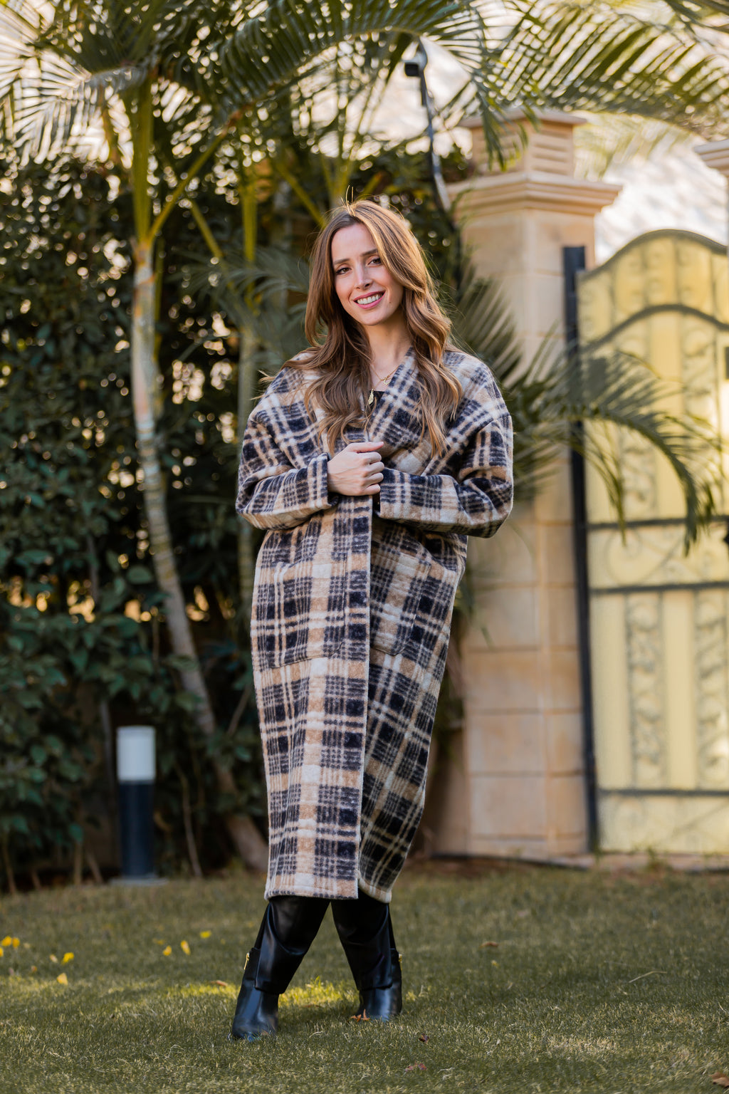 Beige white checks Coat