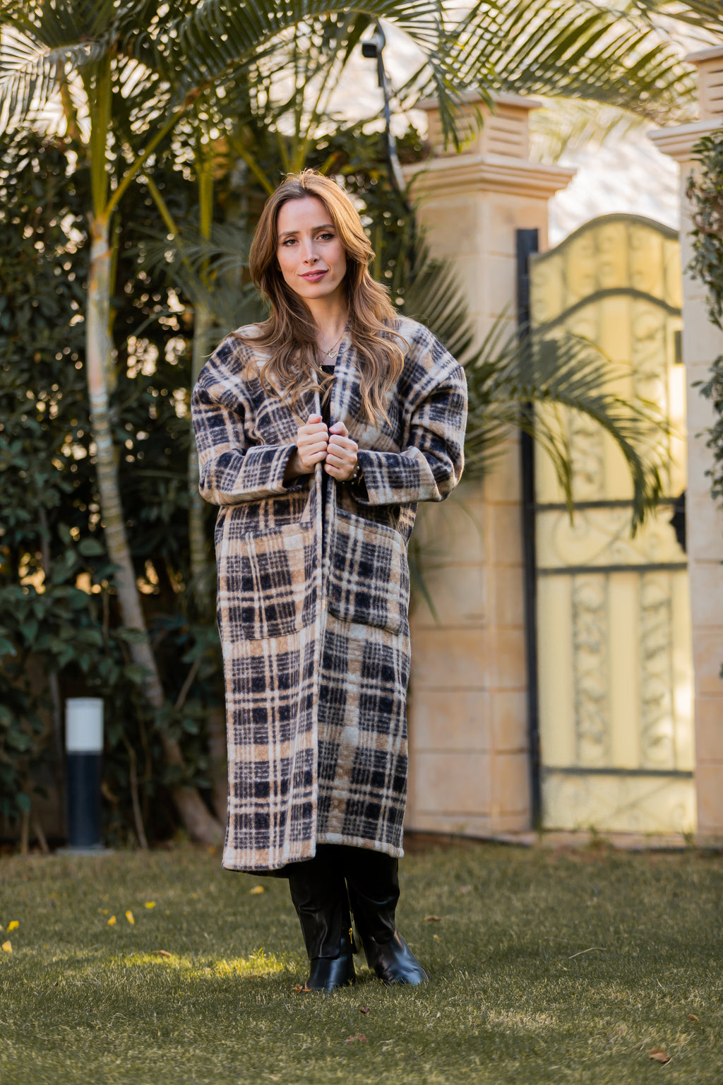 Beige white checks Coat