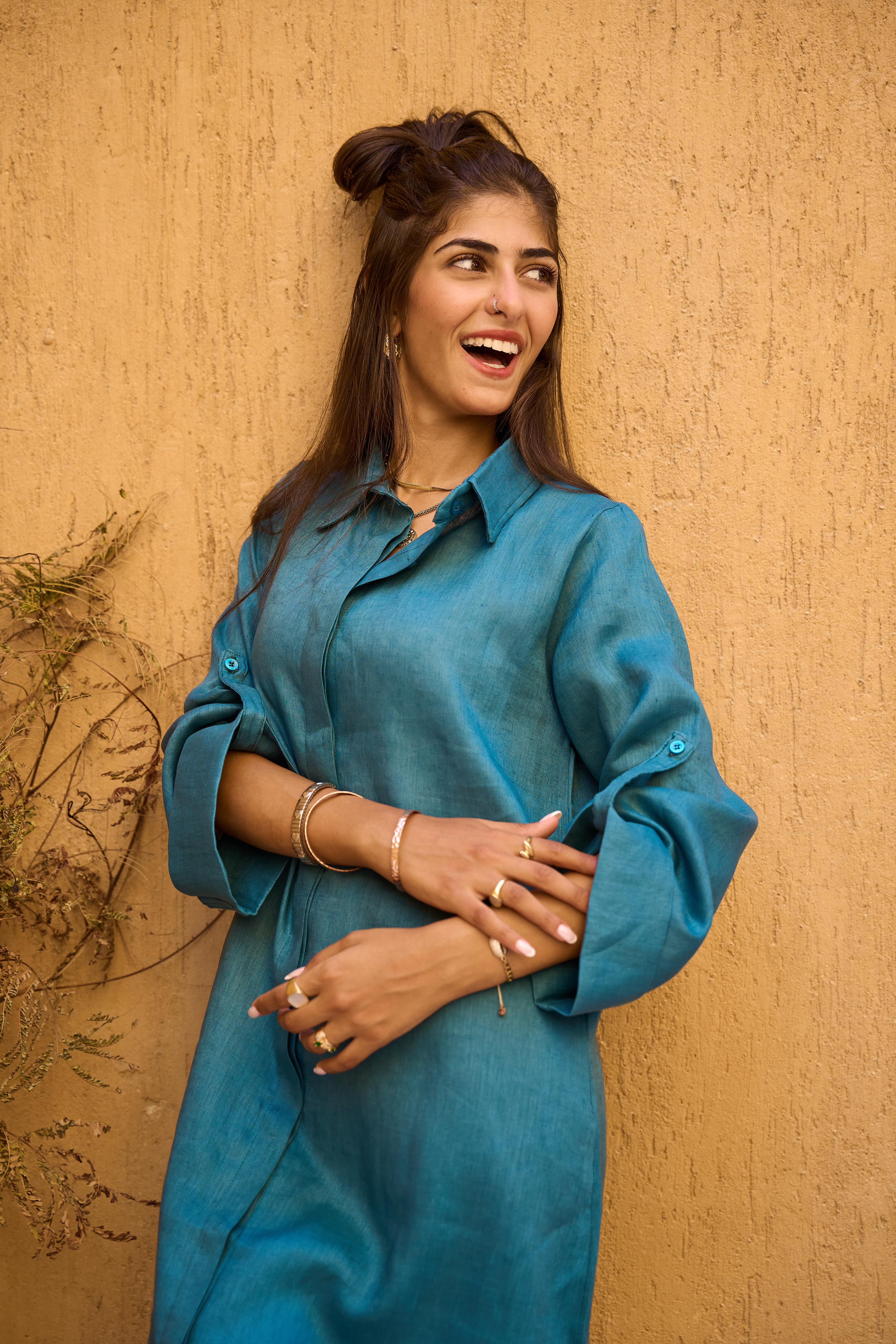 Teal Pure Linen Dress