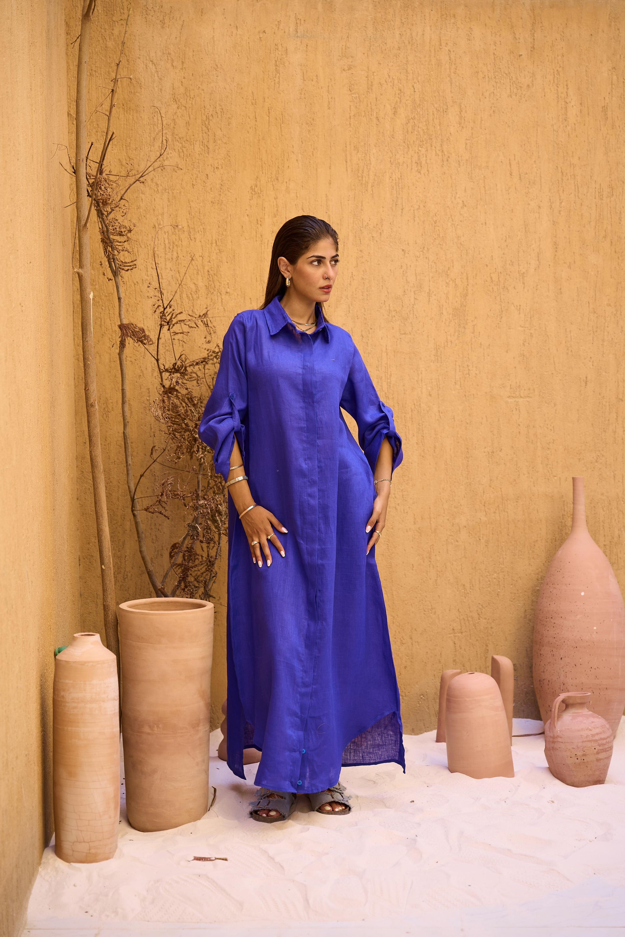 Khaki Pure Linen Dress