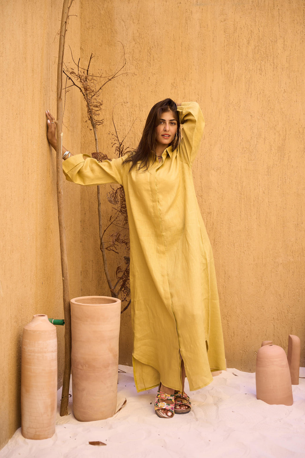 Khaki Pure Linen Dress