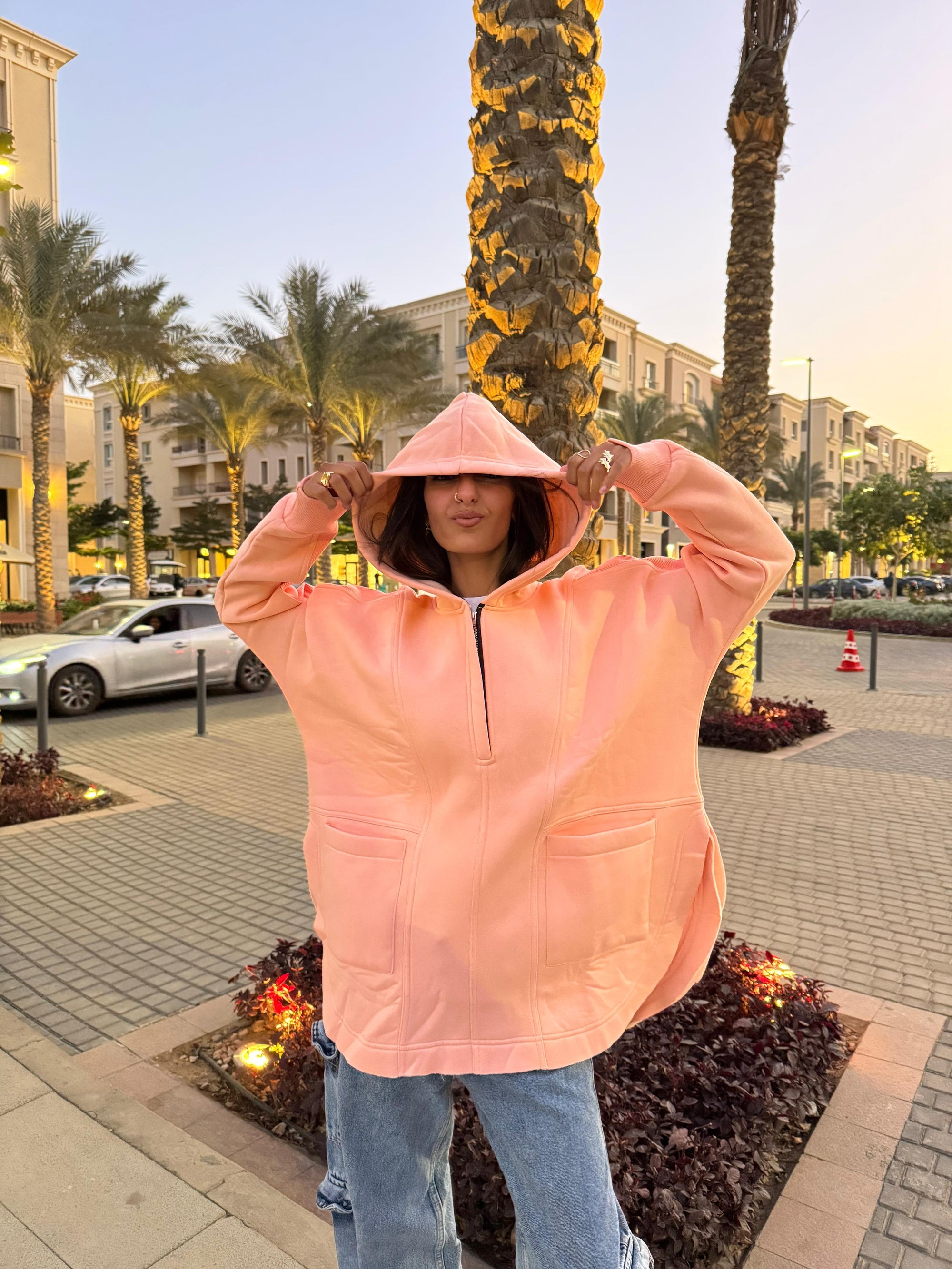 Beige Rib sleeved hoodie