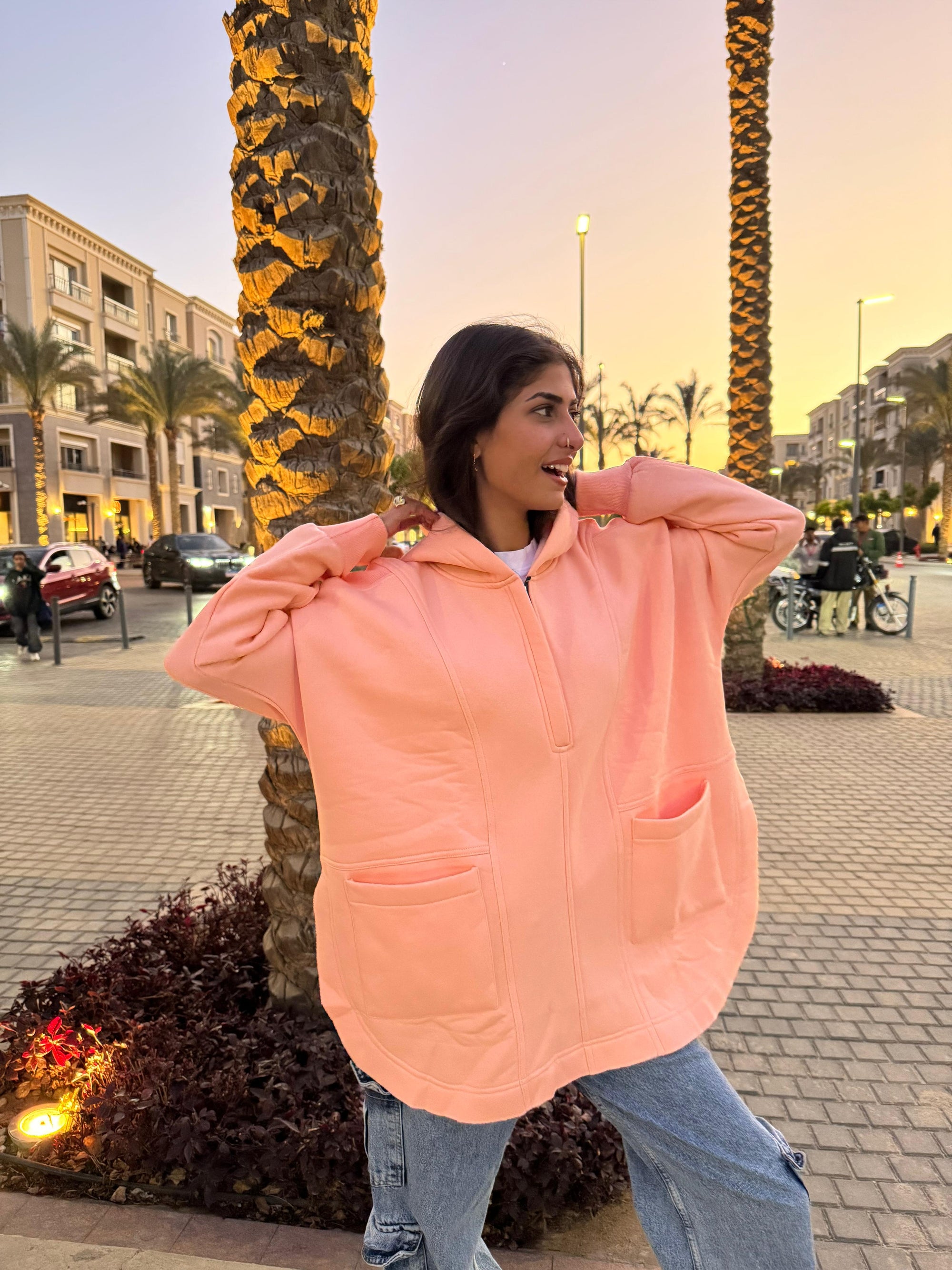 Beige Rib sleeved hoodie