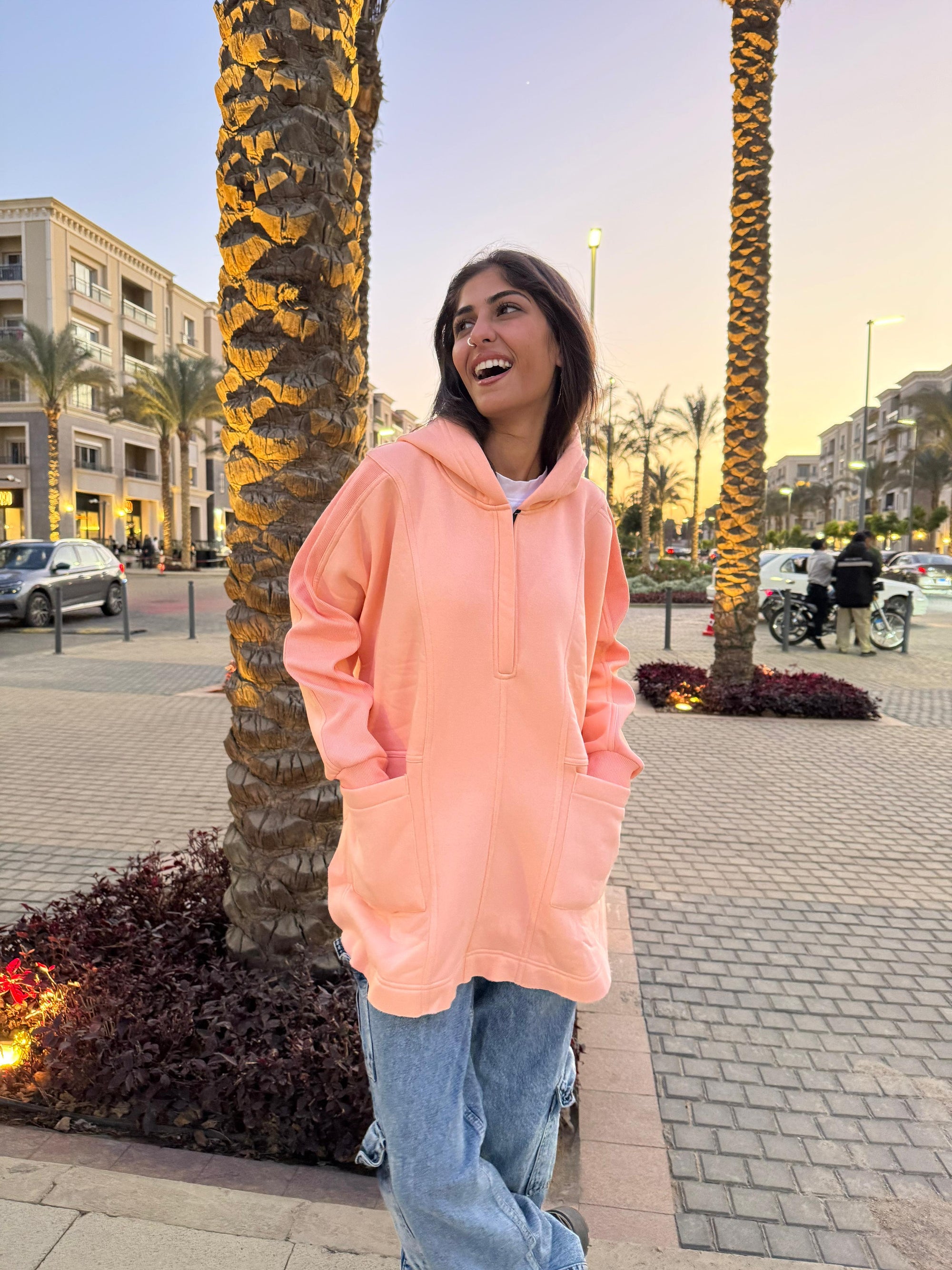 Beige Rib sleeved hoodie