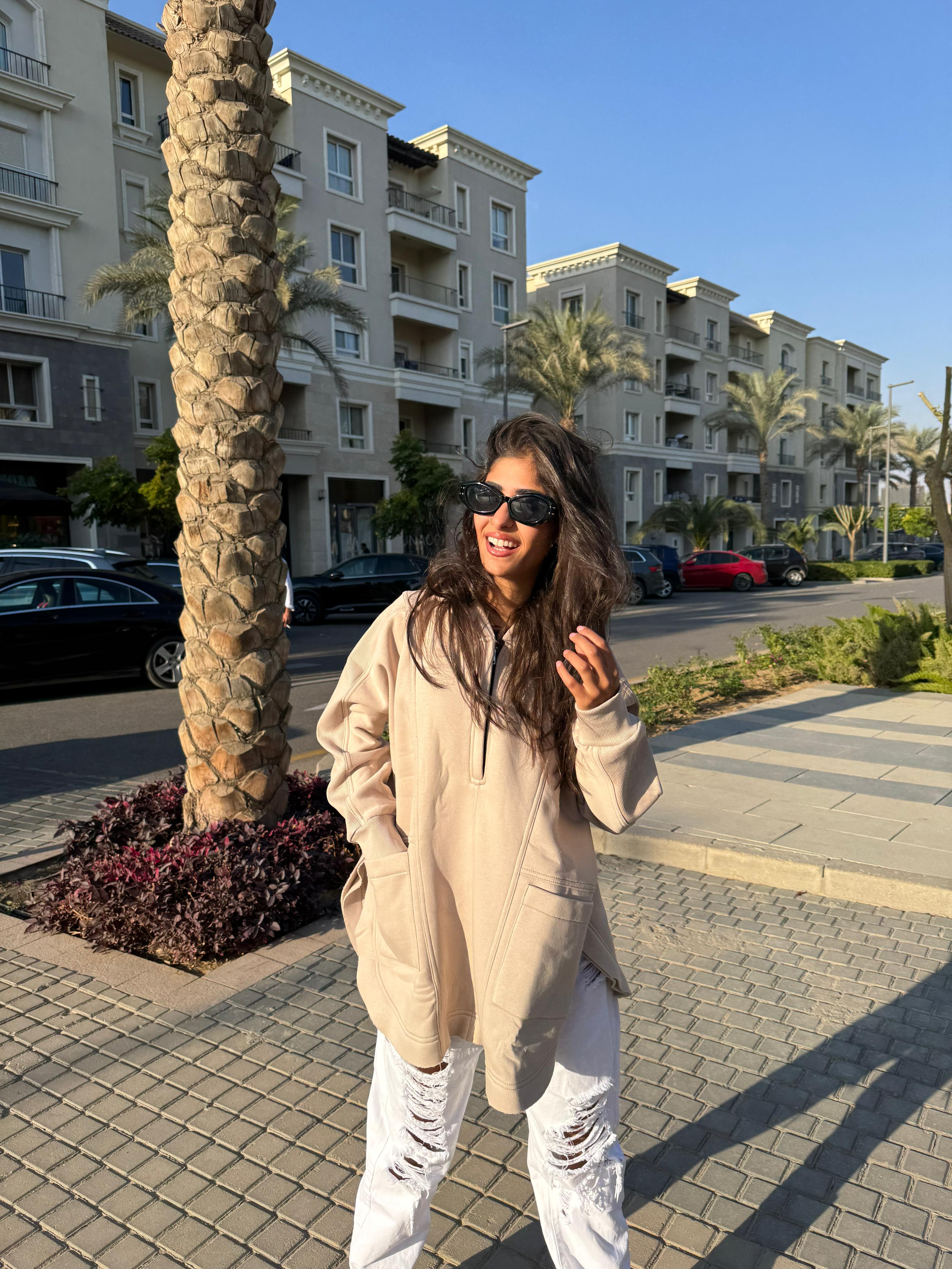 Beige Rib sleeved hoodie