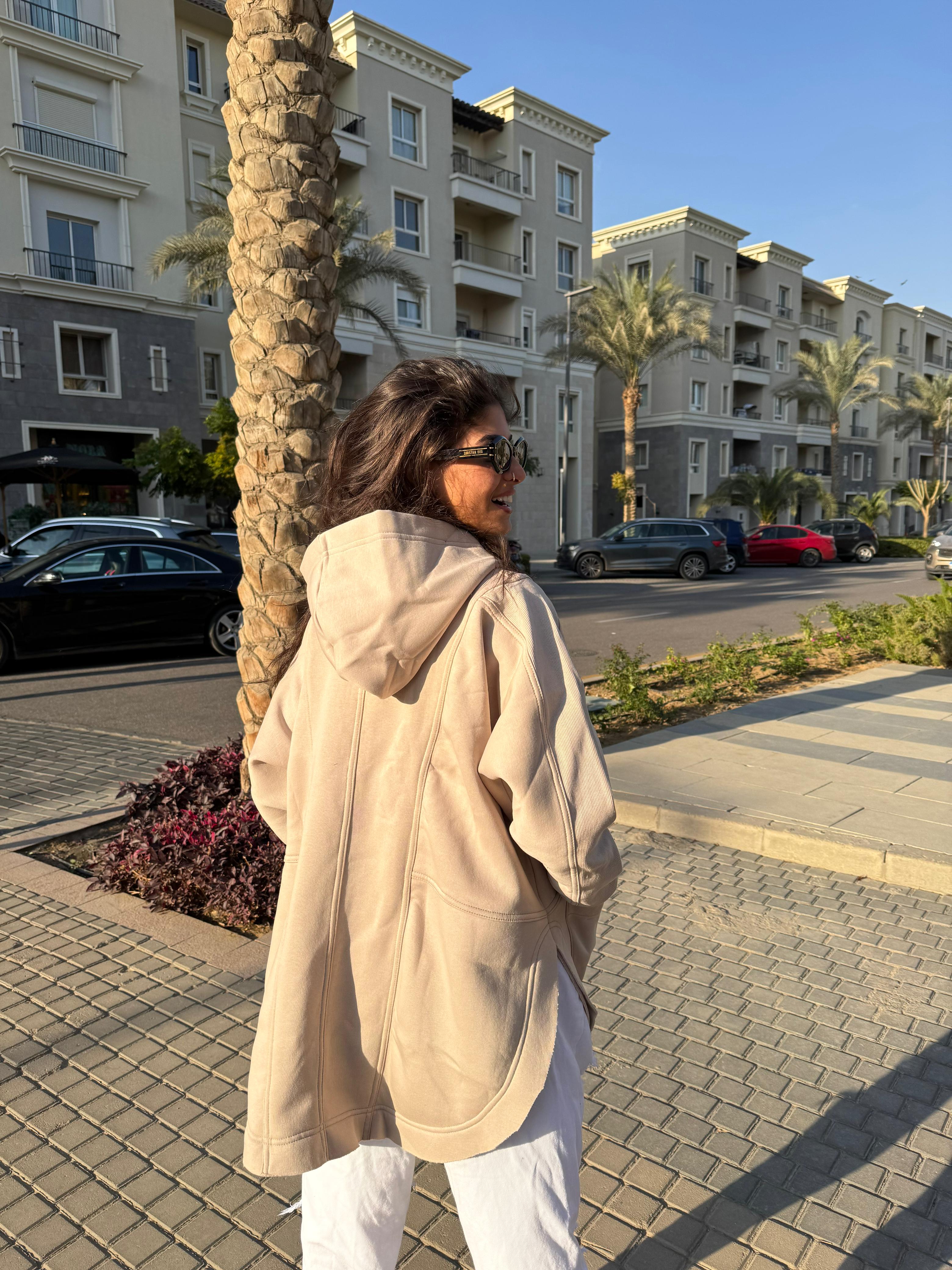 Beige Rib sleeved hoodie