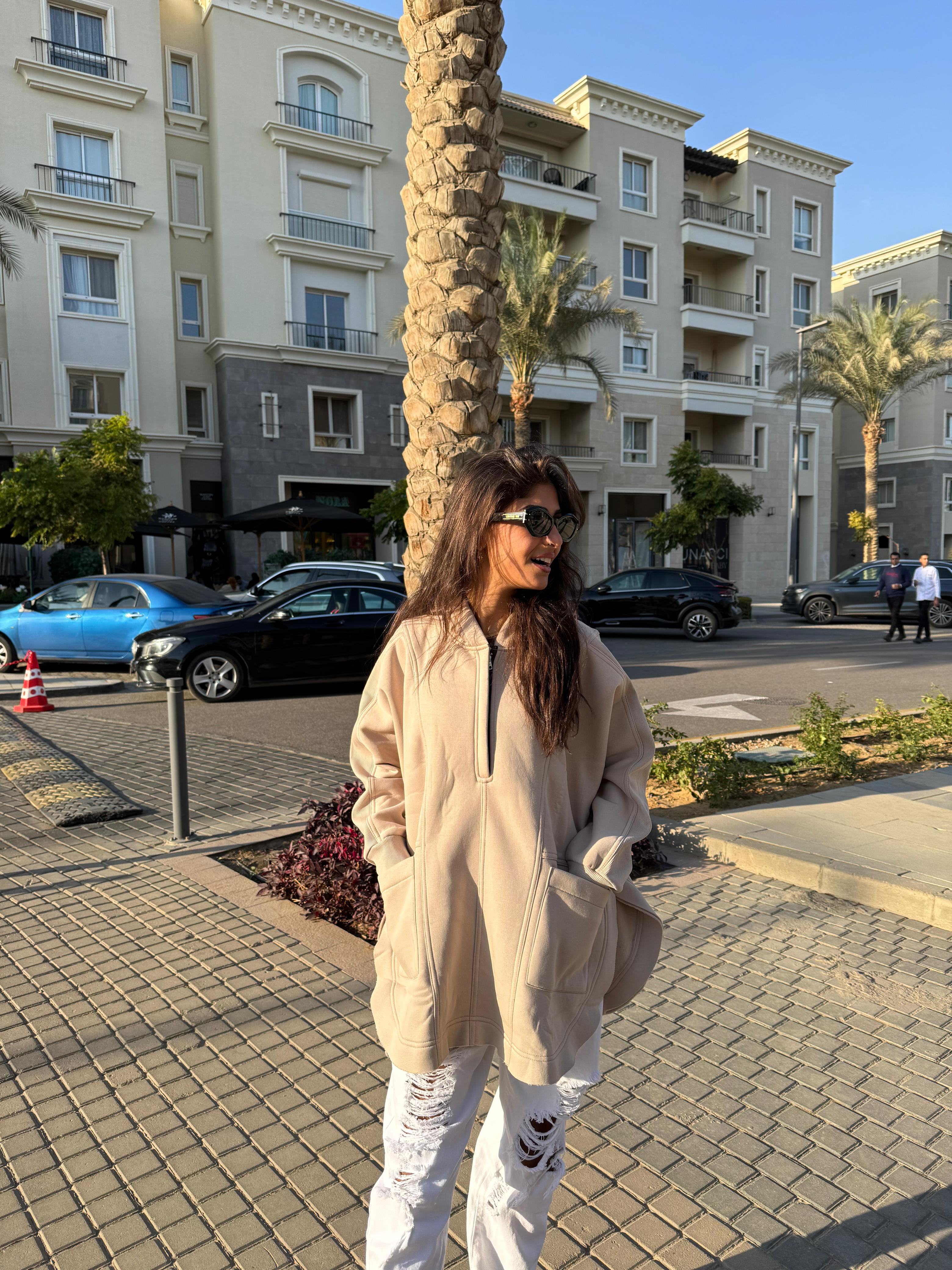 Beige Rib sleeved hoodie