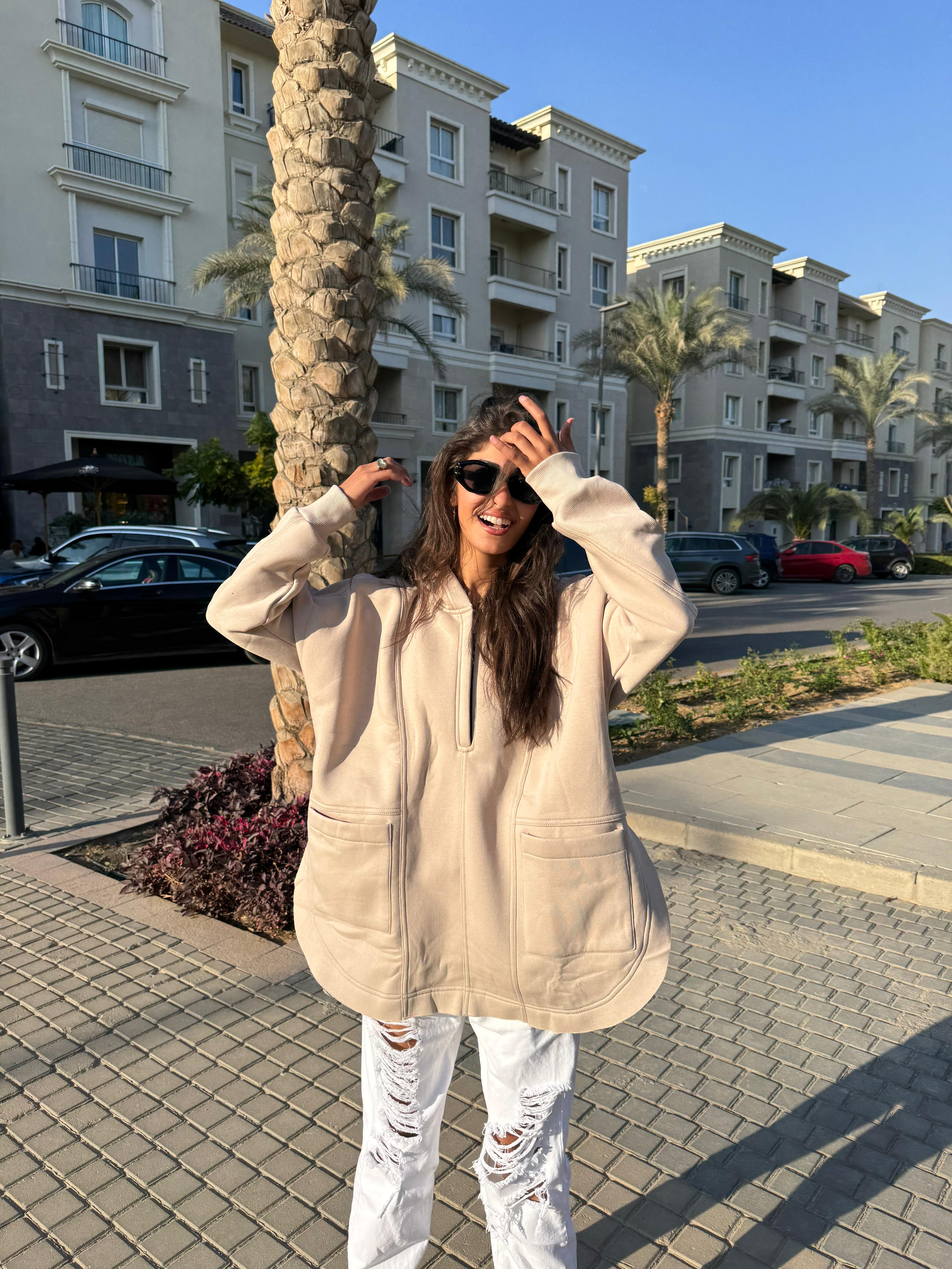 Beige Rib sleeved hoodie