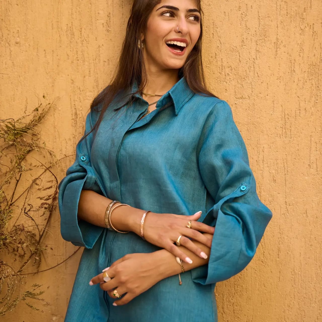 Dark teal Pure Linen Dress