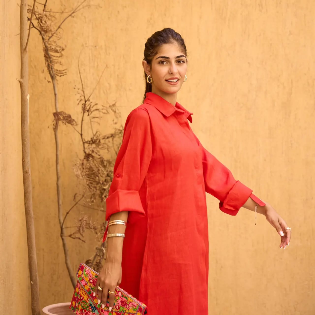 Red Pure Linen Dress