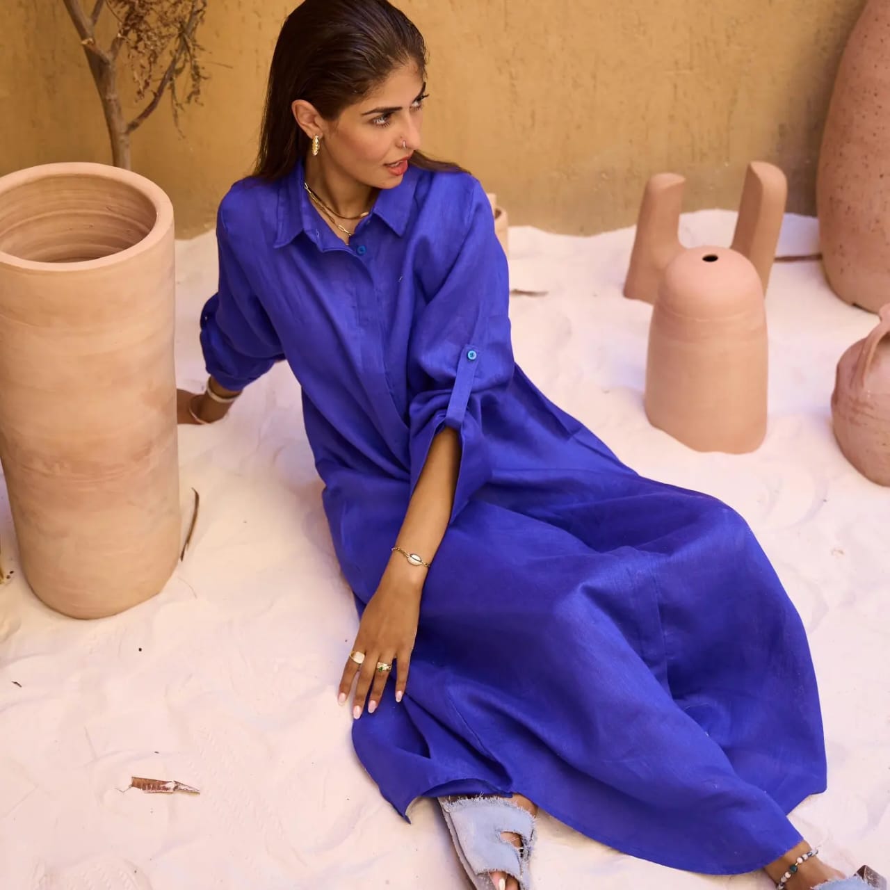 Blue Pure Linen Dress