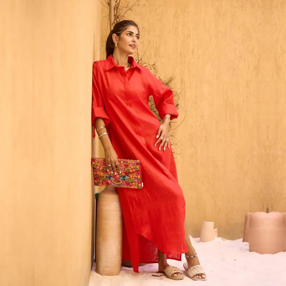 Red Pure Linen Dress