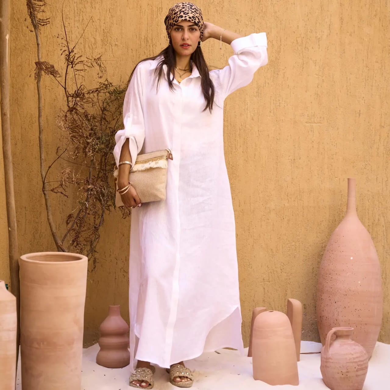 Khaki Pure Linen Dress