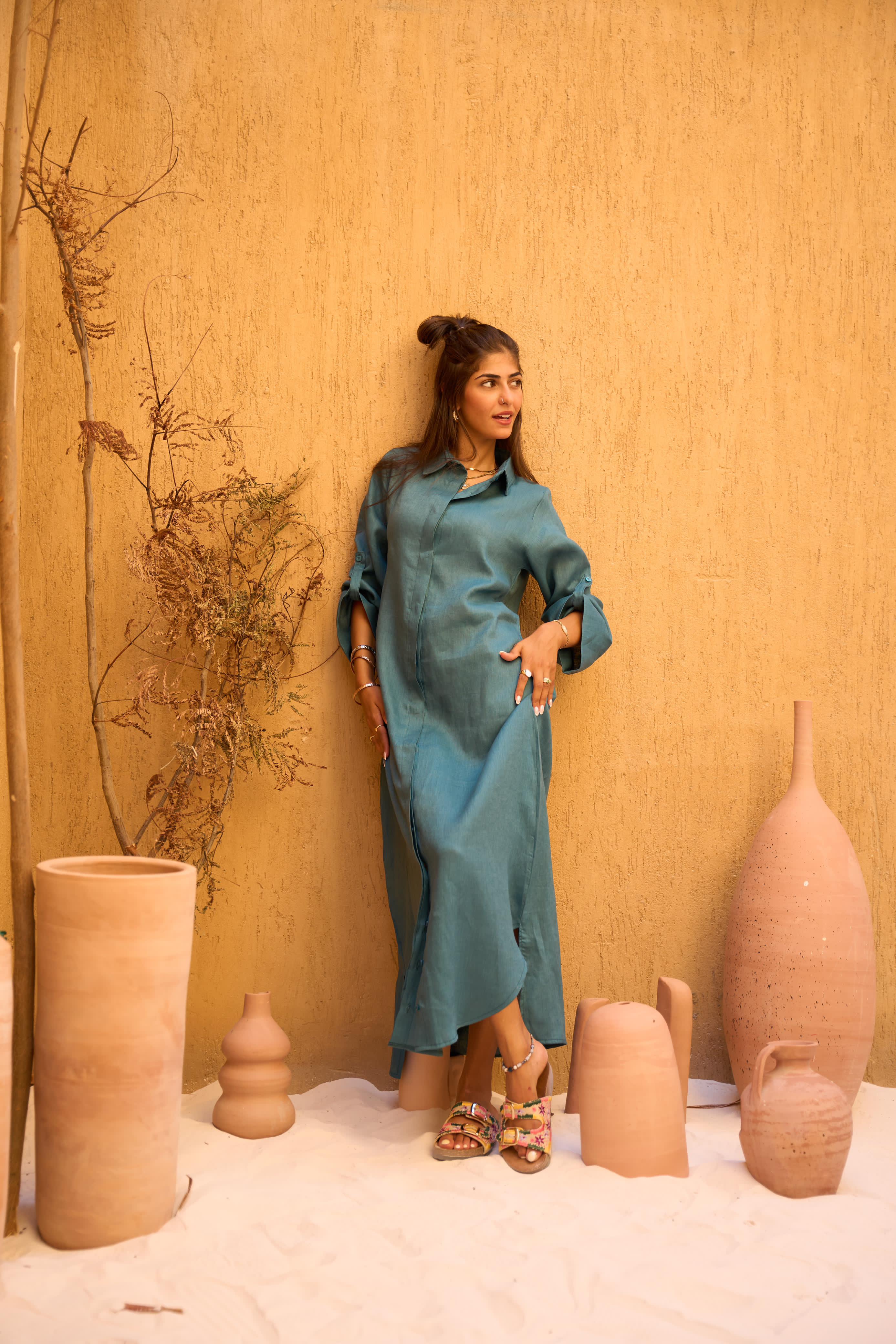 Dark teal Pure Linen Dress