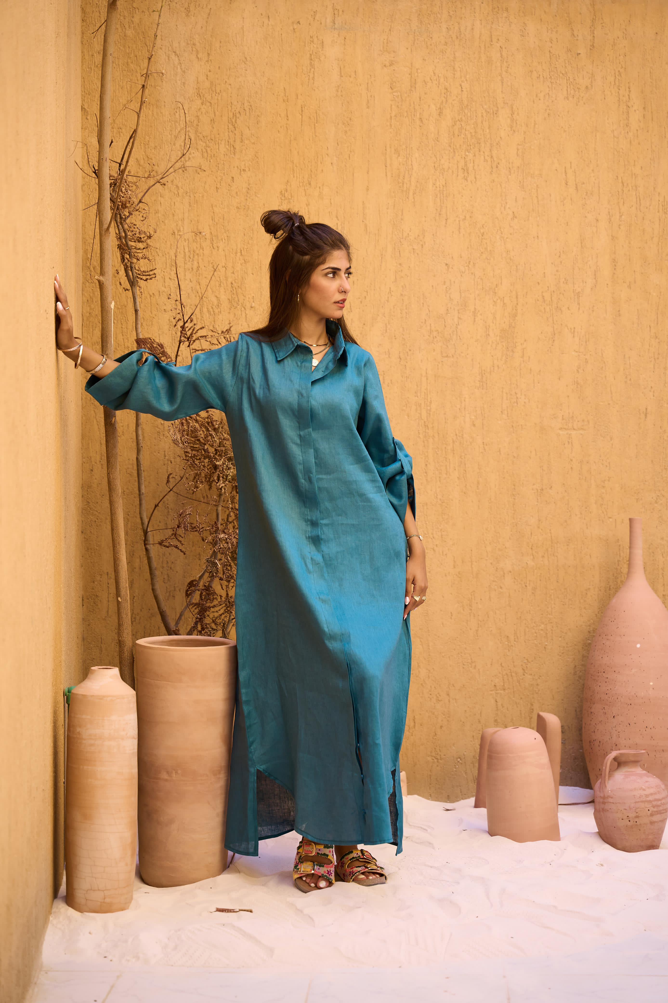 Dark teal Pure Linen Dress