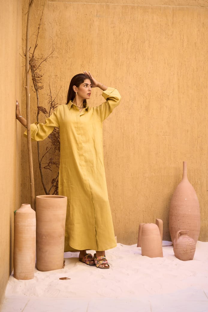 Masturd yellow Pure Linen Dress