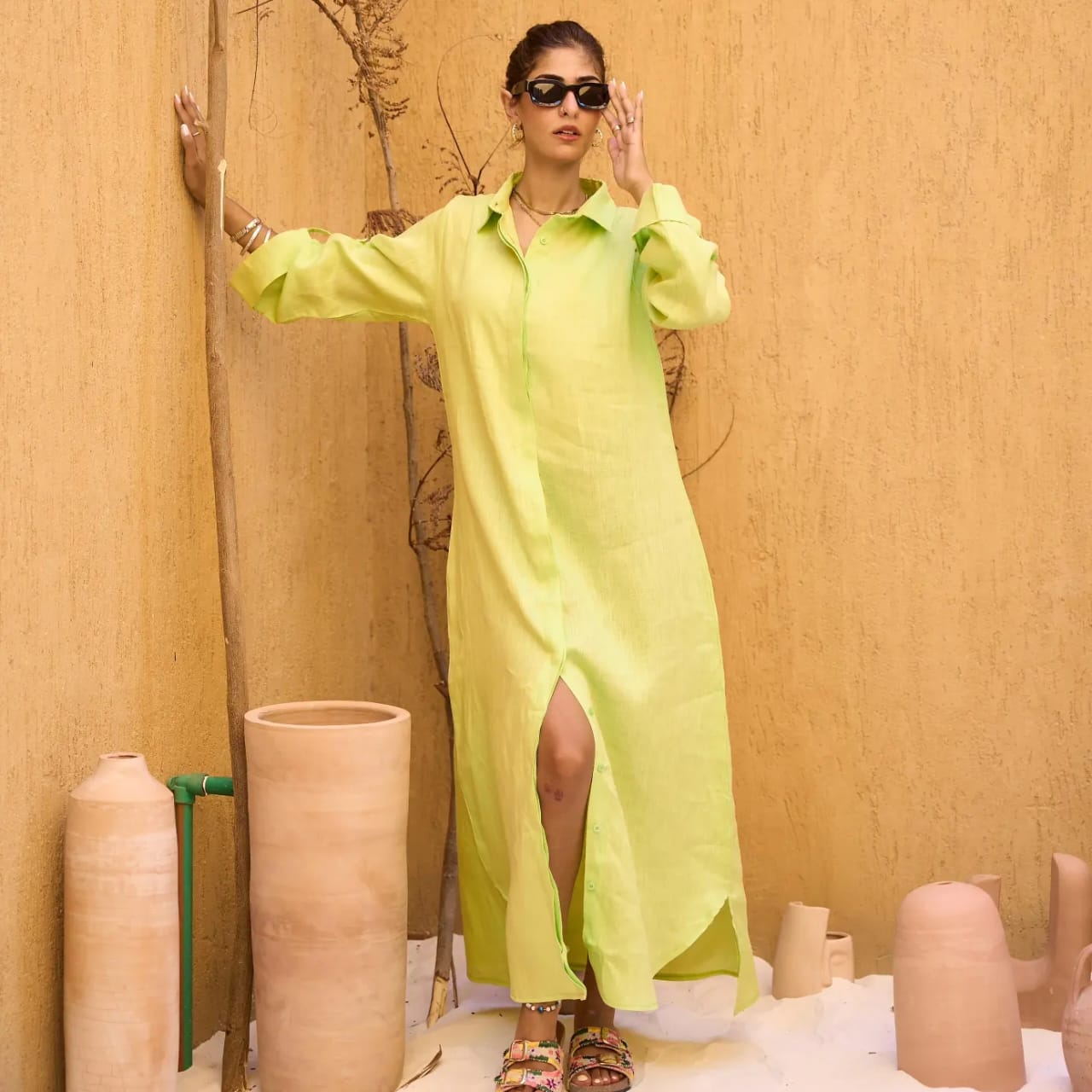 Khaki Pure Linen Dress