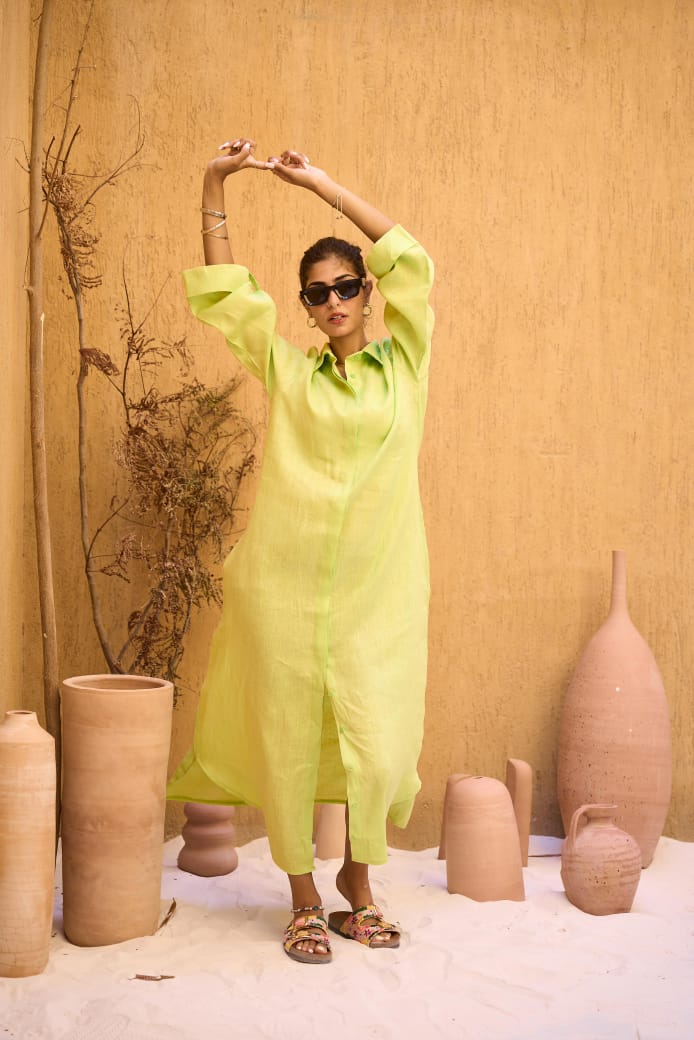 Green Pure Linen Dress