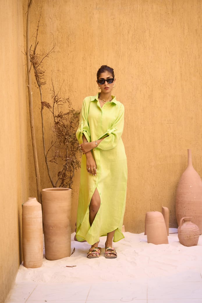 Green Pure Linen Dress