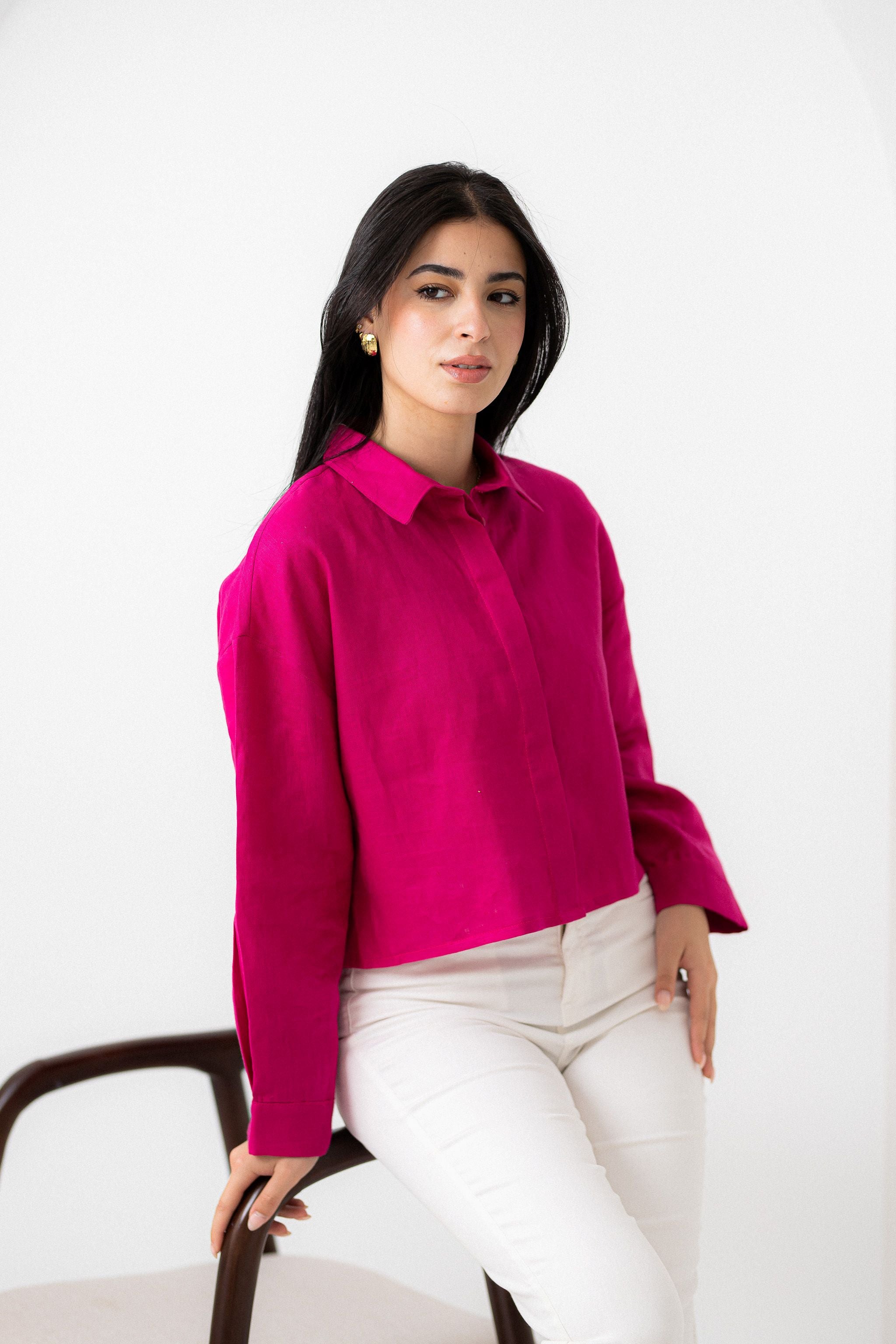 Hot Pink Pure Linen Cropped shirt