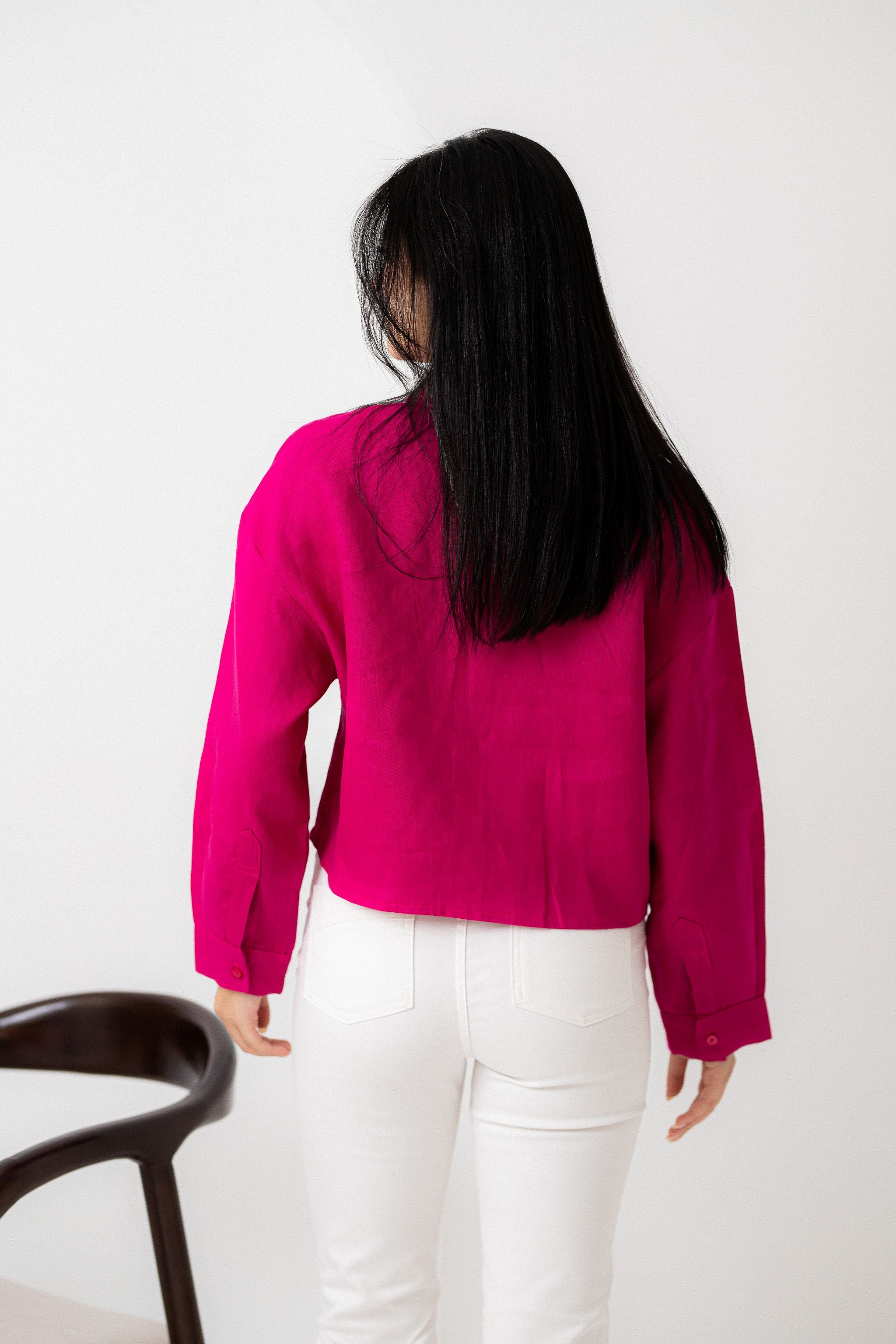 Hot Pink Pure Linen Cropped shirt
