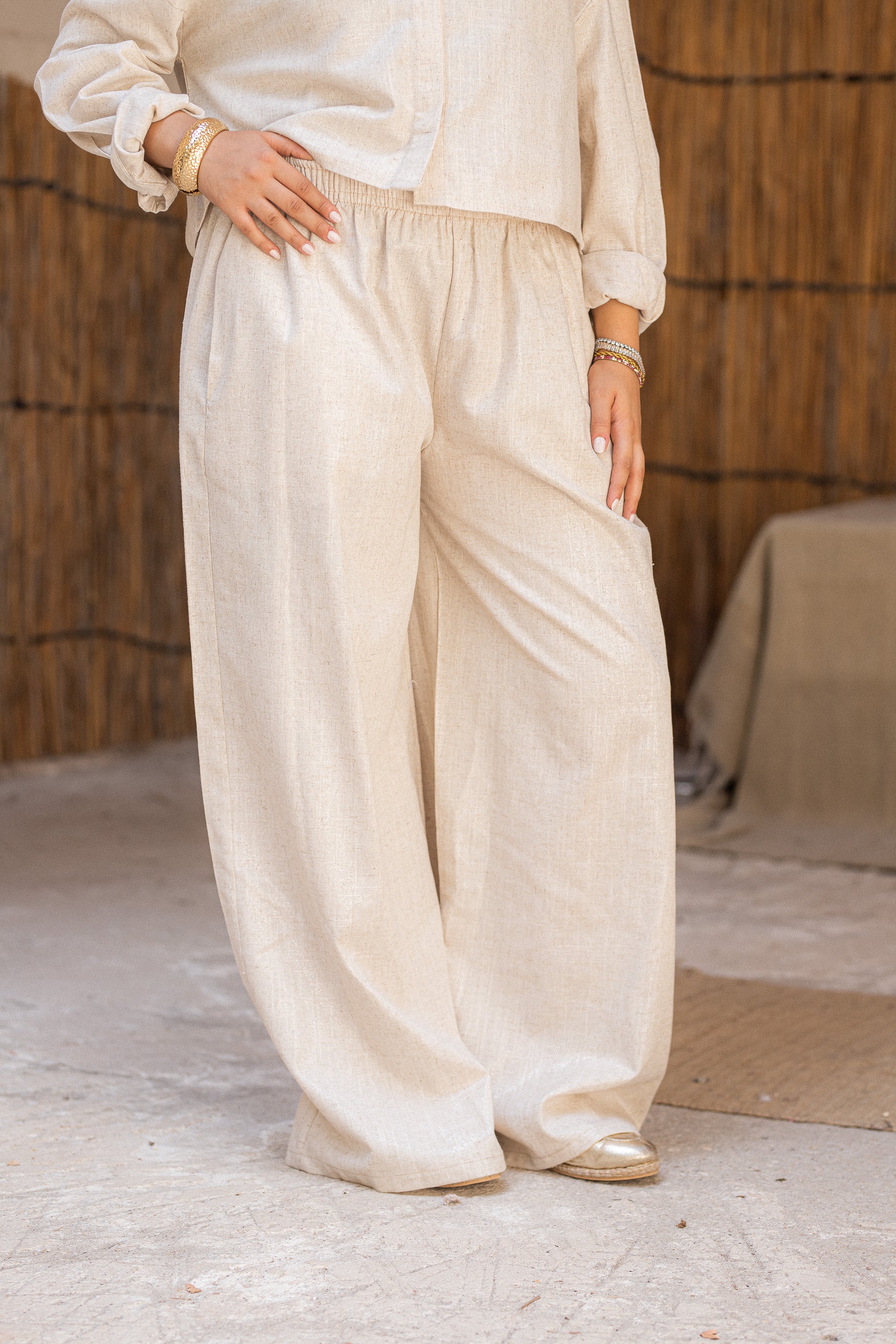 Beige Shinny Linen Pants
