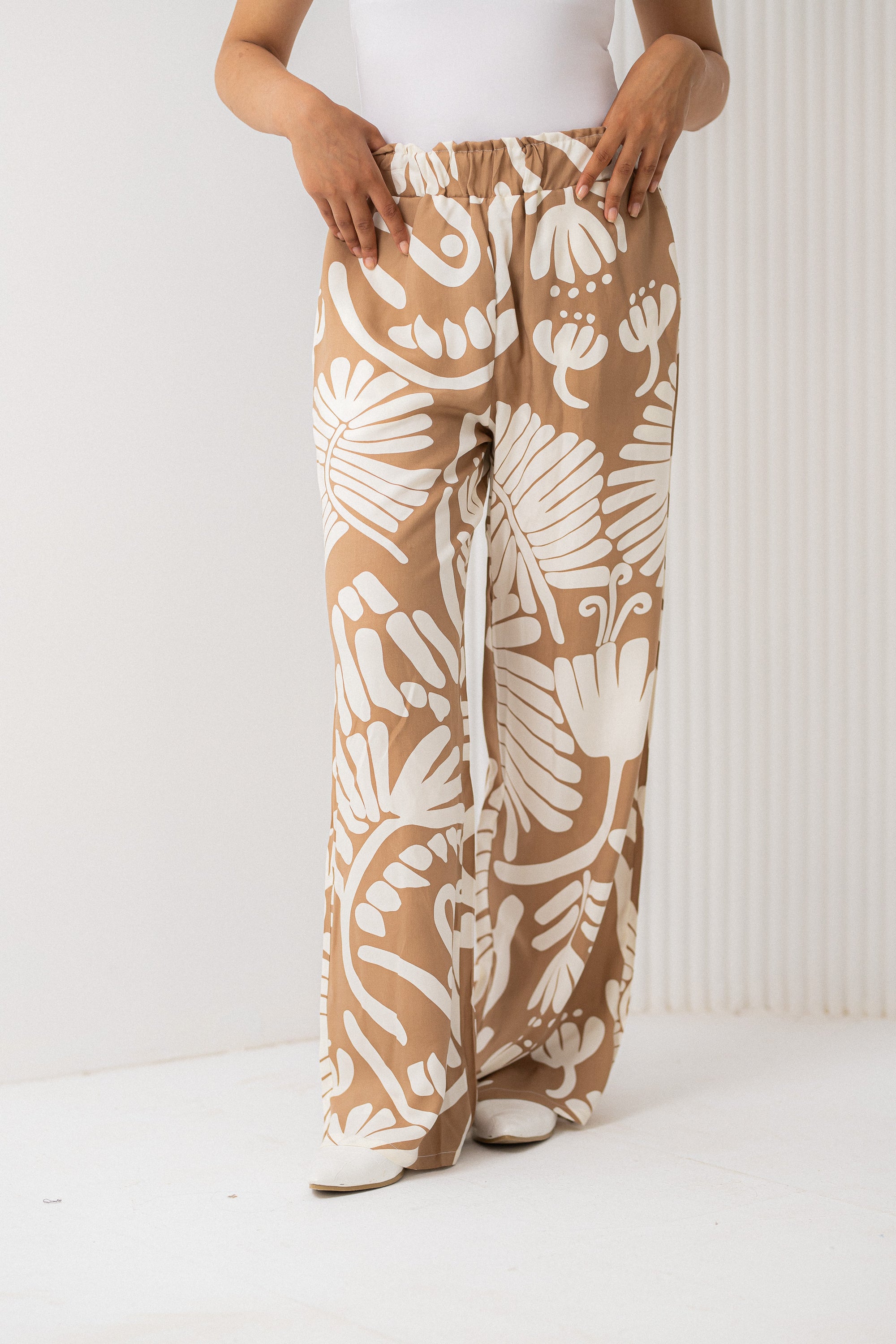 Beige Palm leaves Pants
