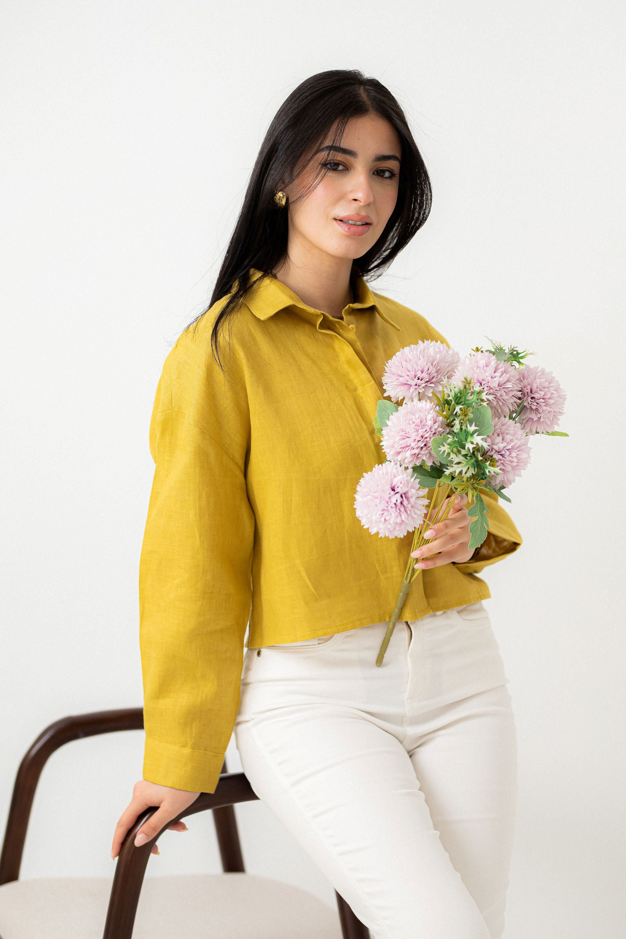 Mustard yellow pure linen cropped shirt