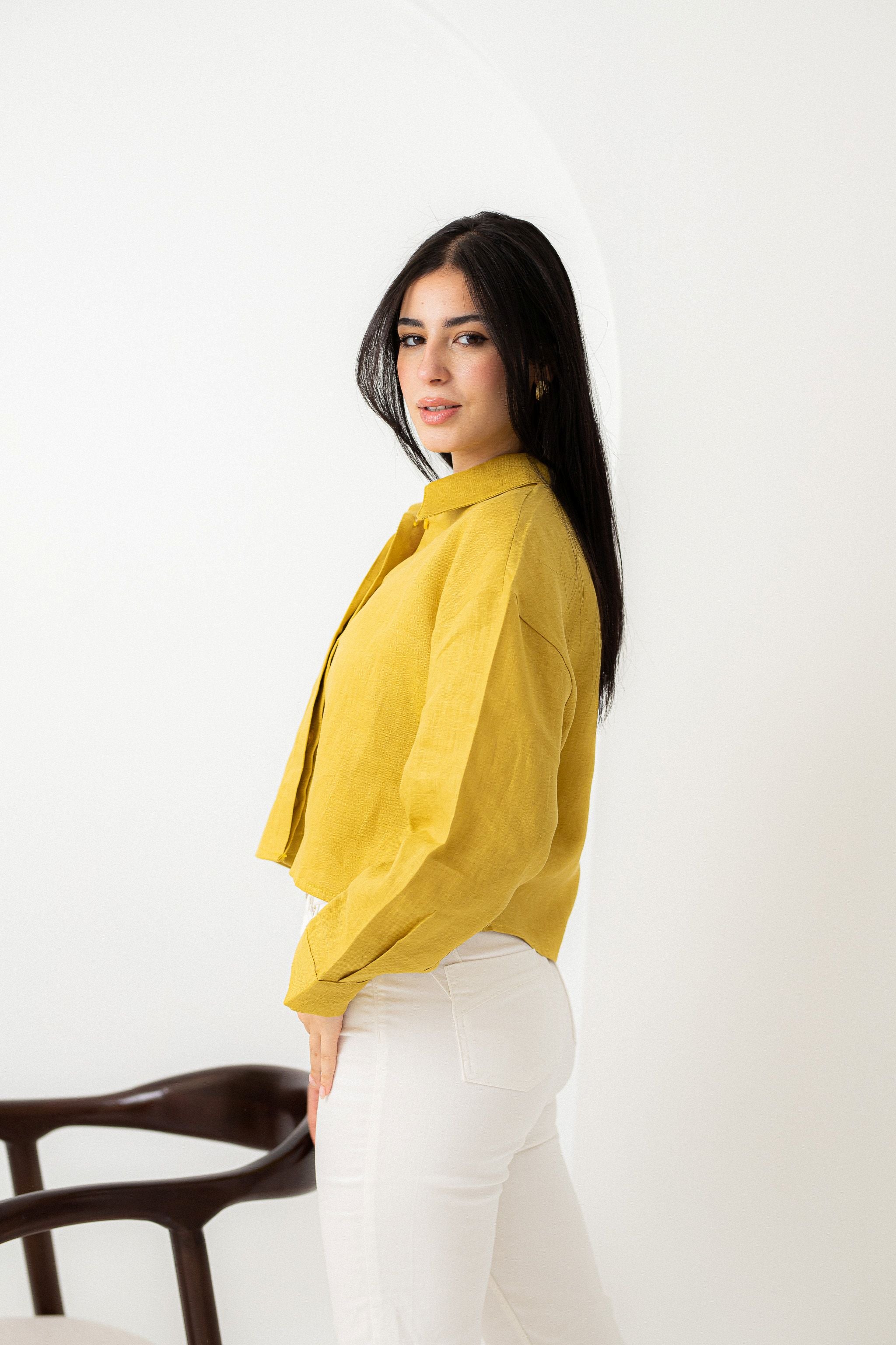 Mustard yellow pure linen cropped shirt