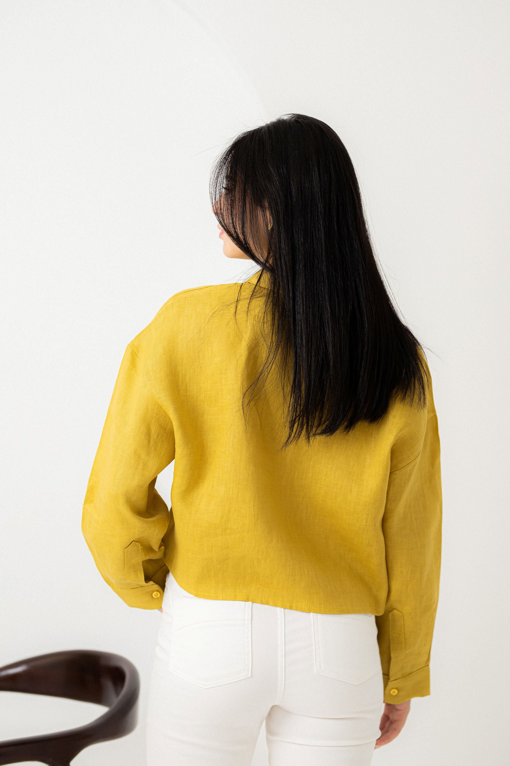 Mustard yellow pure linen cropped shirt
