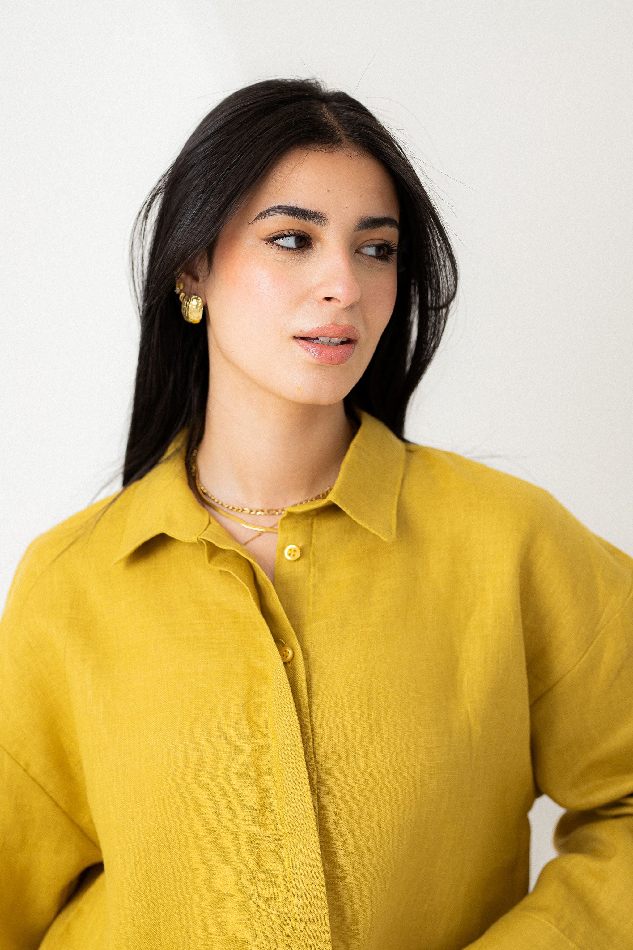 Mustard yellow pure linen cropped shirt