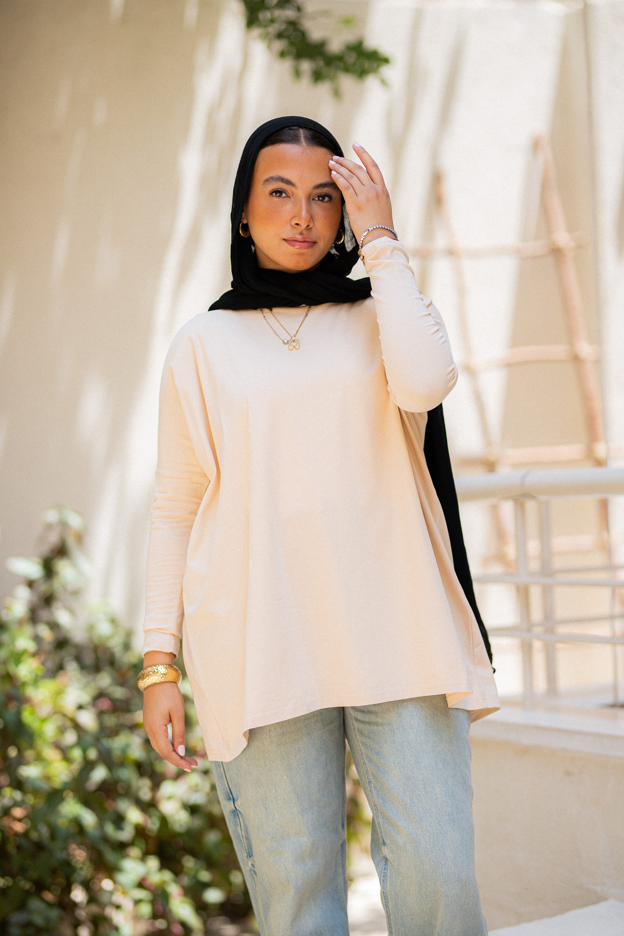 Beige Tight sleeve oversized T-shirt