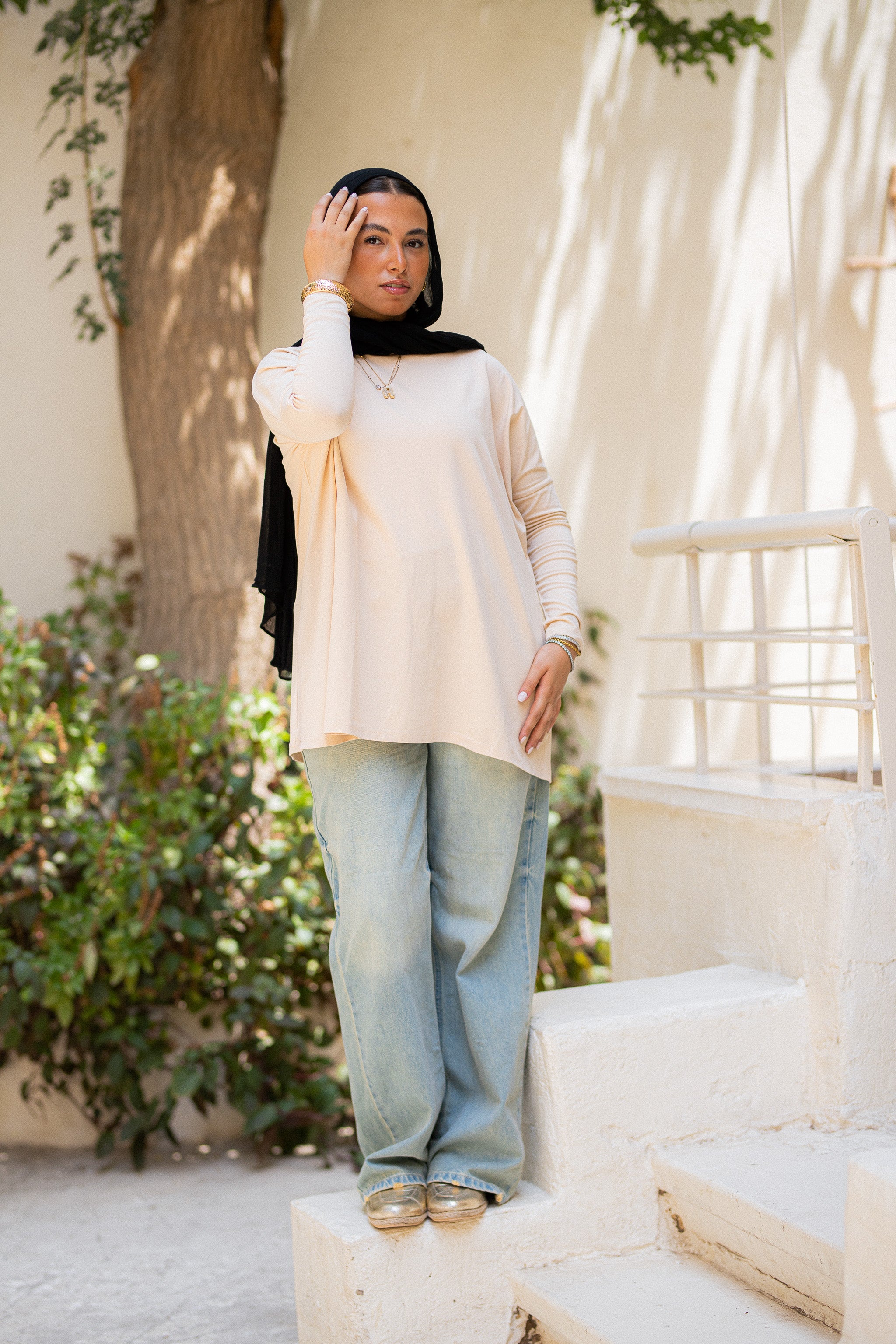 Beige Tight sleeve oversized T-shirt