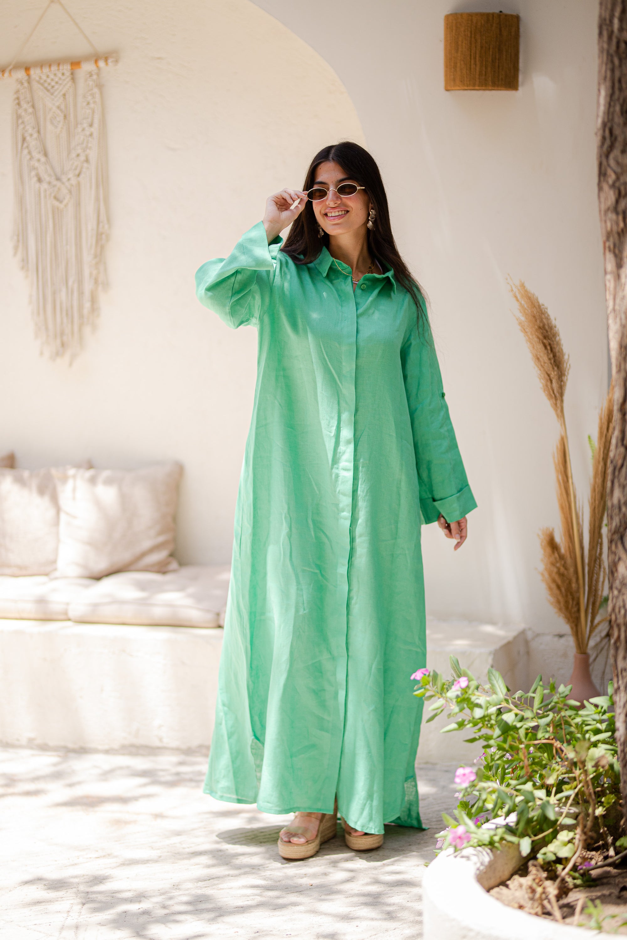 Khaki Pure Linen Dress