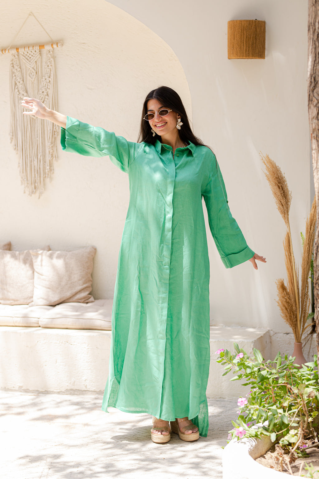 Khaki Pure Linen Dress