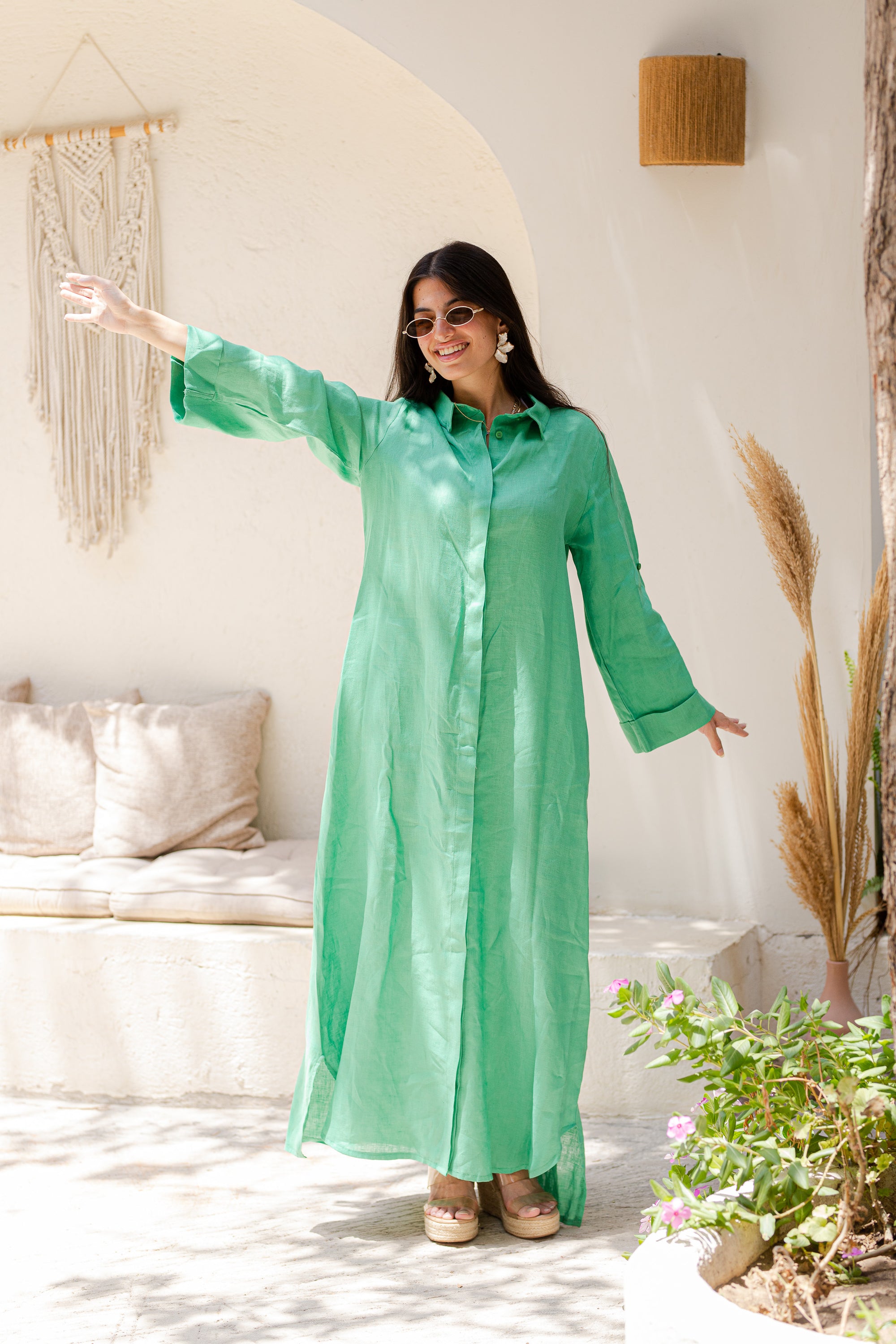 Khaki Pure Linen Dress