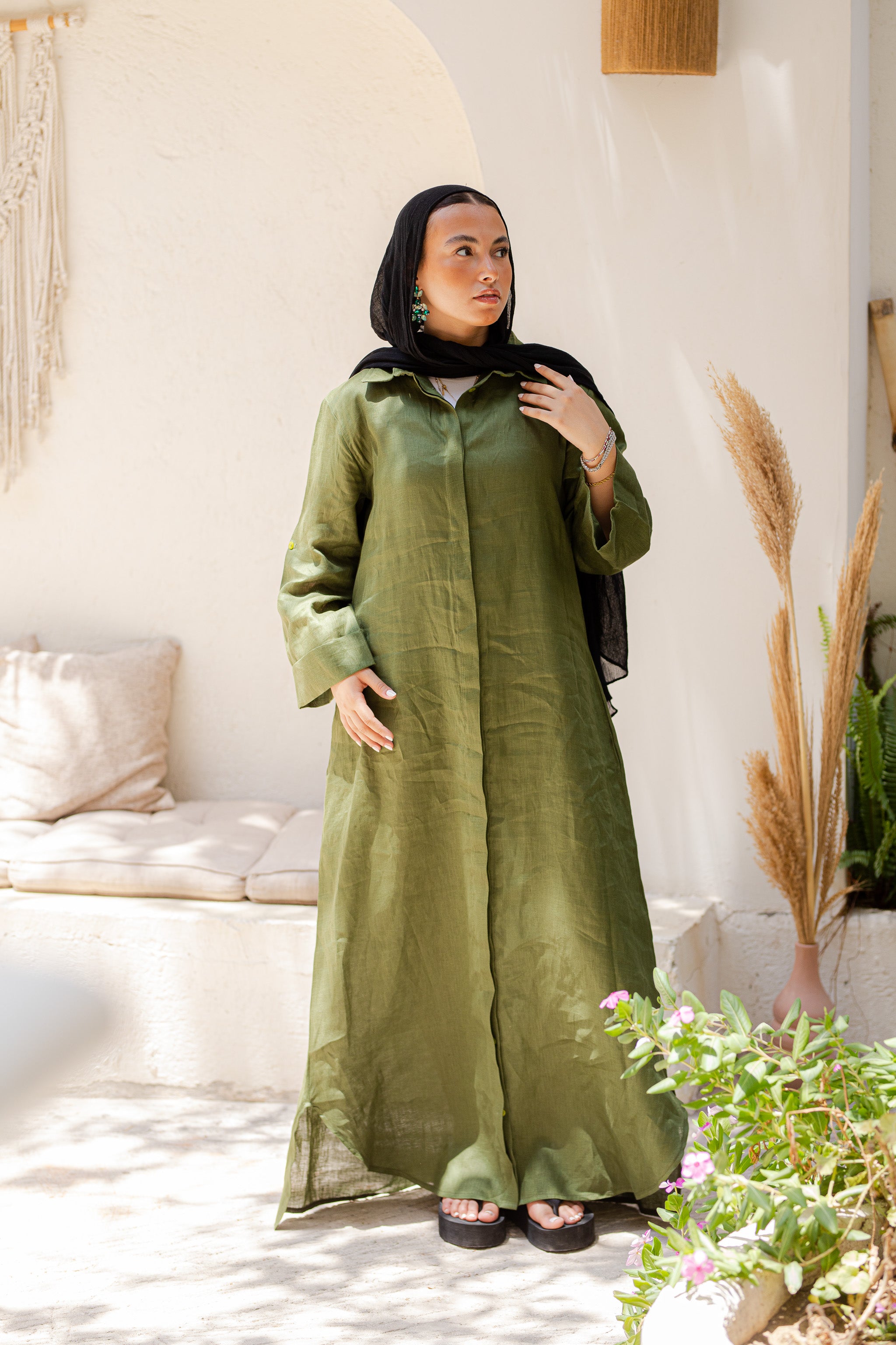 Khaki Pure Linen Dress