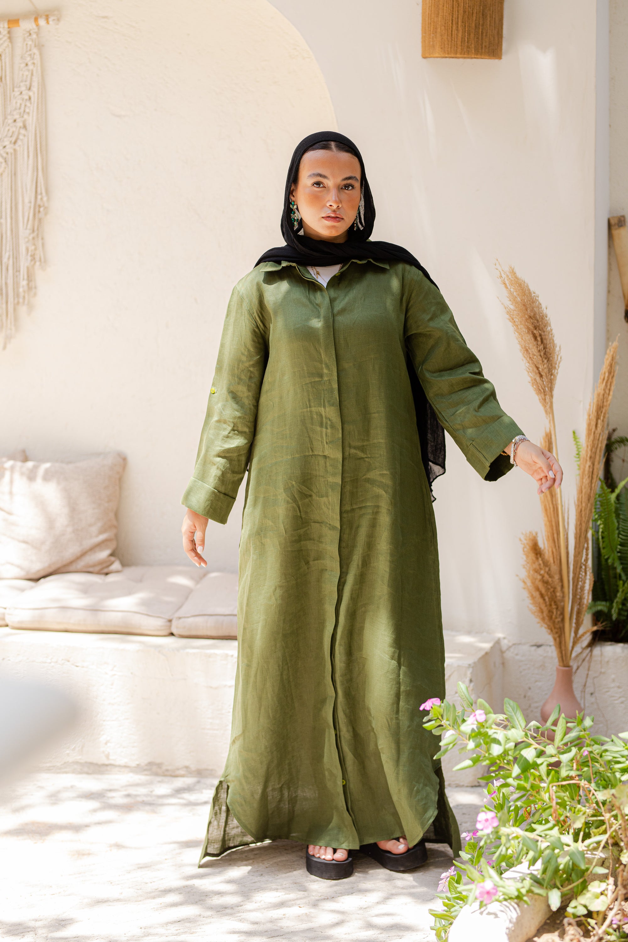 Khaki Pure Linen Dress