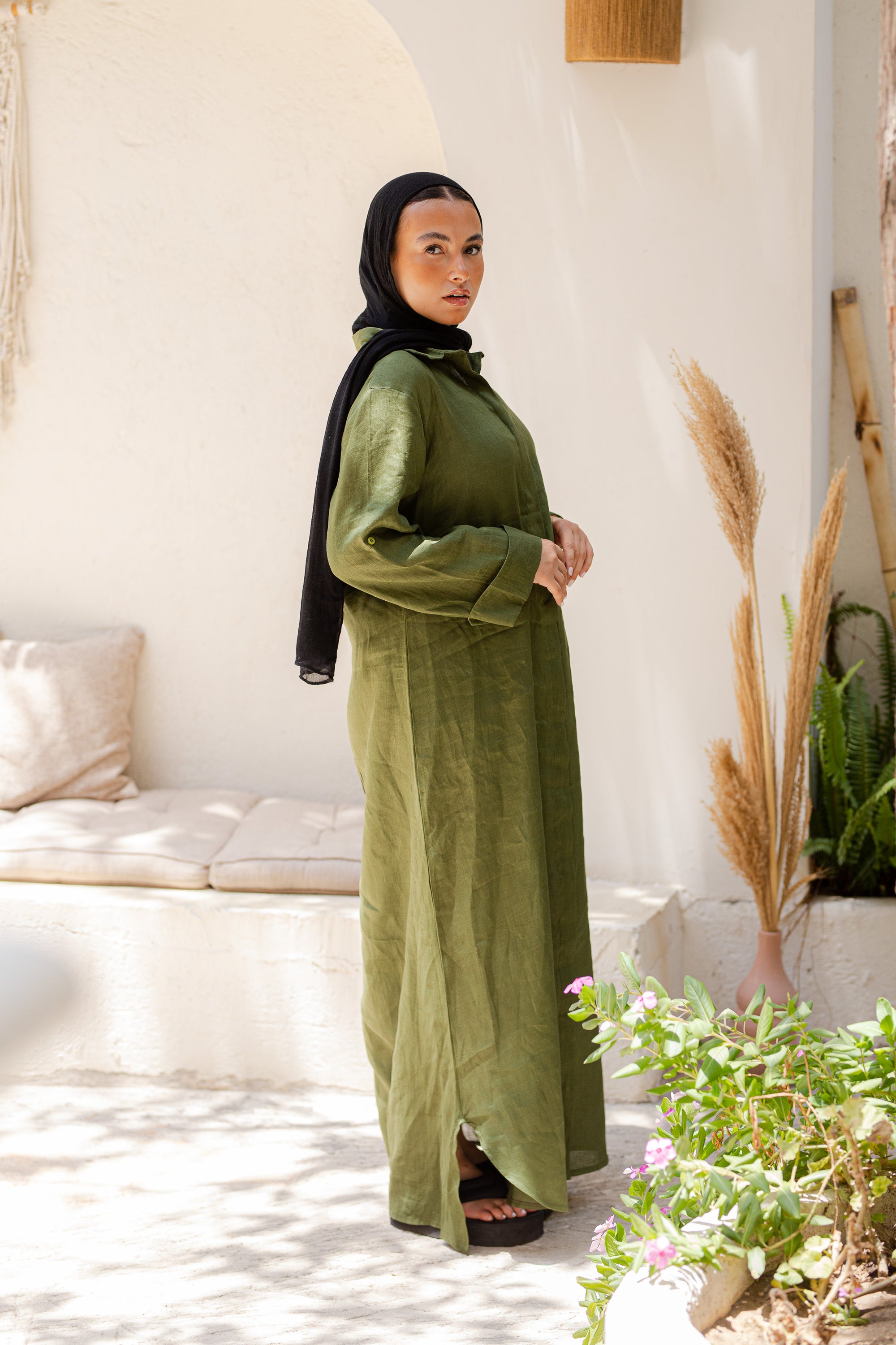 Khaki Pure Linen Dress