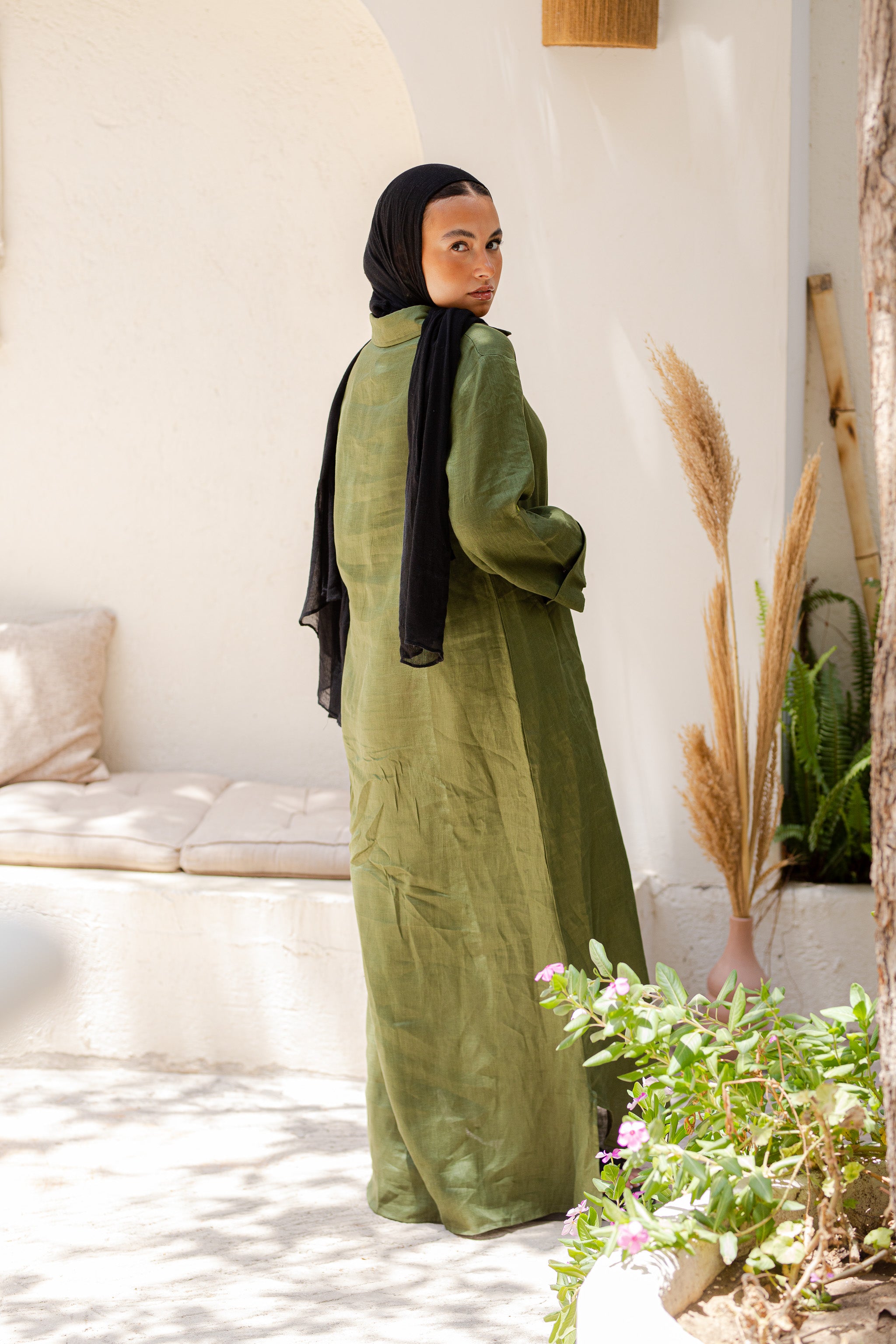 Khaki Pure Linen Dress