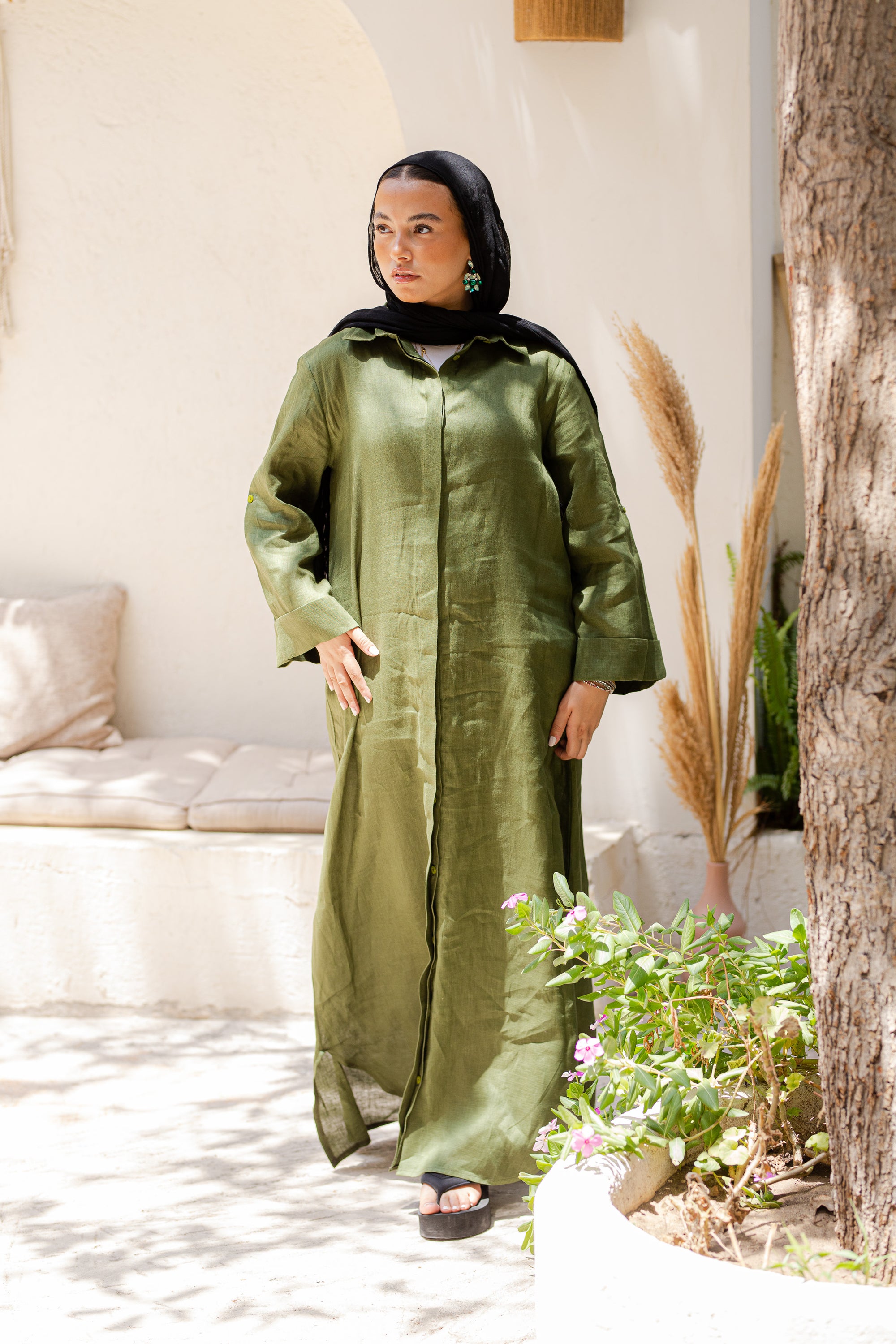 Khaki Pure Linen Dress